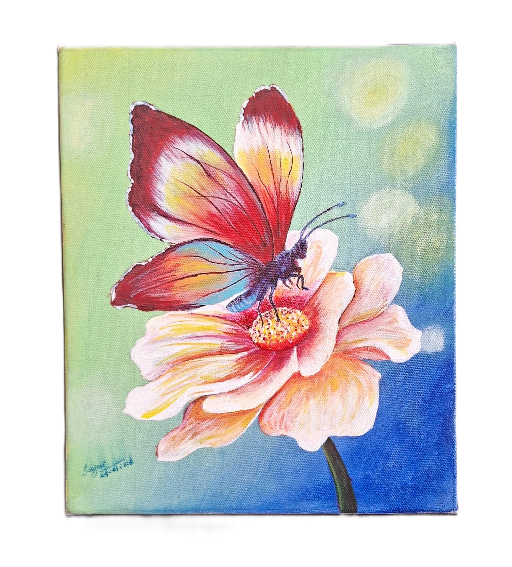 Handmade Butterfly & Flower Acrylic Painting on Stretched Canvas – Vibrant Nature Wall Art-image-34