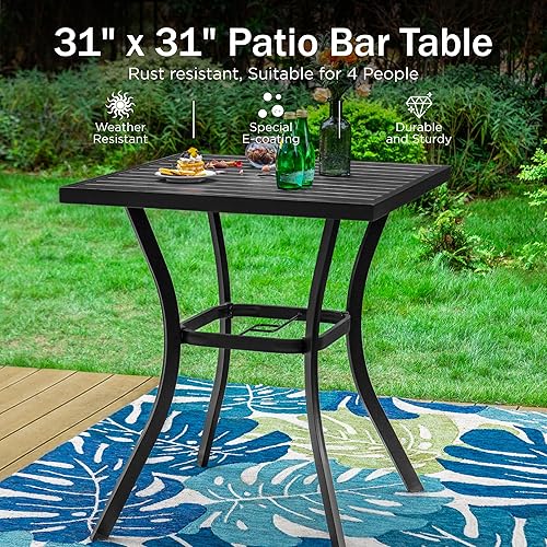 Miniatura 20 de PHI VILLA Mesa de bar de patio al aire libre para 4-6, mesa rectangular de barra de altura de mostrador con marco de acero de metal para todo tipo