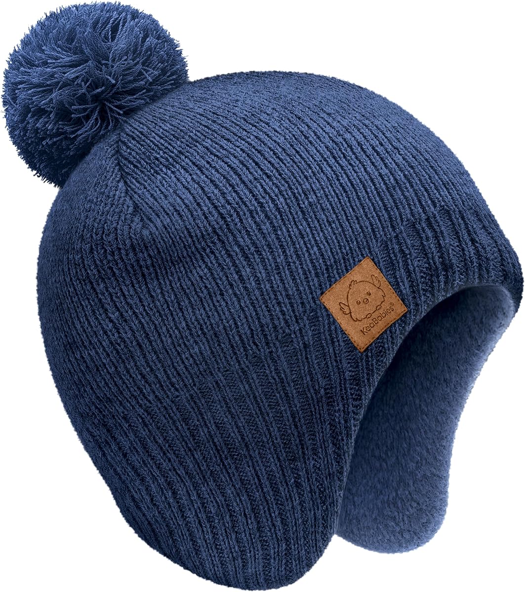 Baby Beanies, Winter Baby Hats for Boys, Girls (Navy, 6-36M) | Toddler Winter Hat, Stay Cozy & Warm with Earflap Muff & Pom, Soft & Stretchy Beanies for Infant, Newborn, Cute Colors