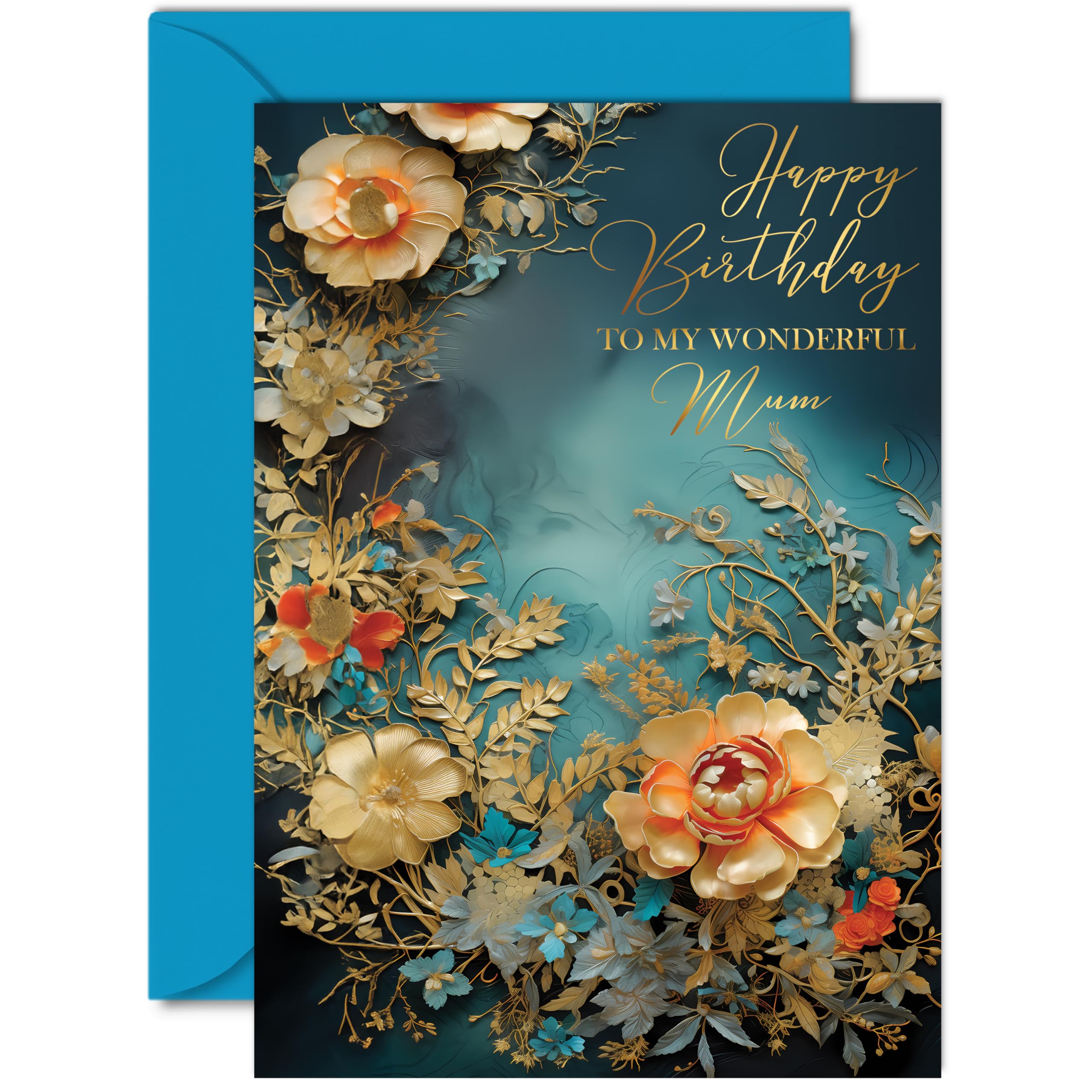 Beautiful Gold Birthday Cards for Mum - Wonderful Golden Flowers - Elegant Traditional Pretty Birthday Card for Mum from Daughter Son, A5 Mother Gorgeous Greeting Cards Gift