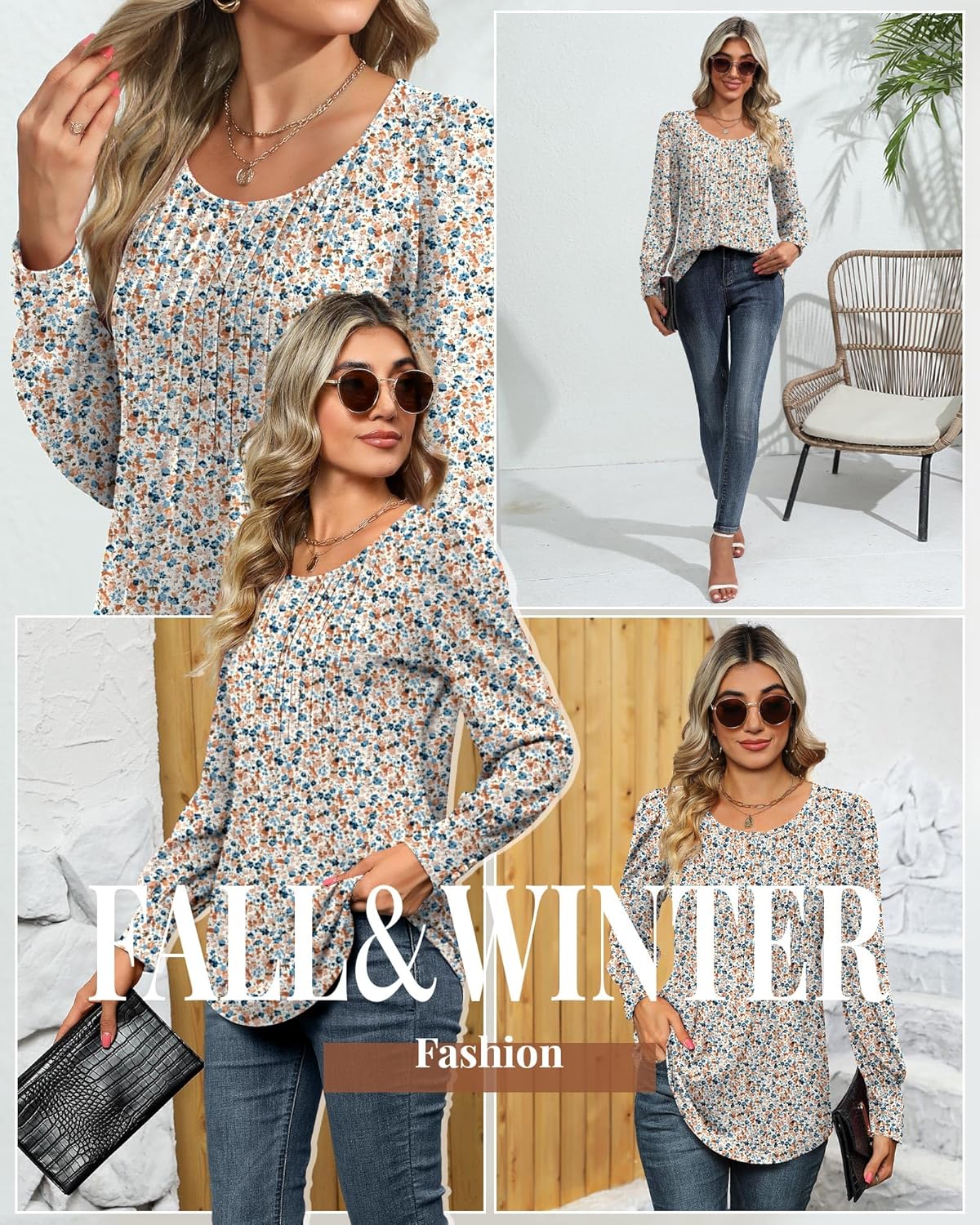 Ficerd Women's Puff Long Sleeve Tunic Tops Pleated Crew Neck Blouses Dressy Casual Loose Fit Fall and Winter Shirts - Image 4