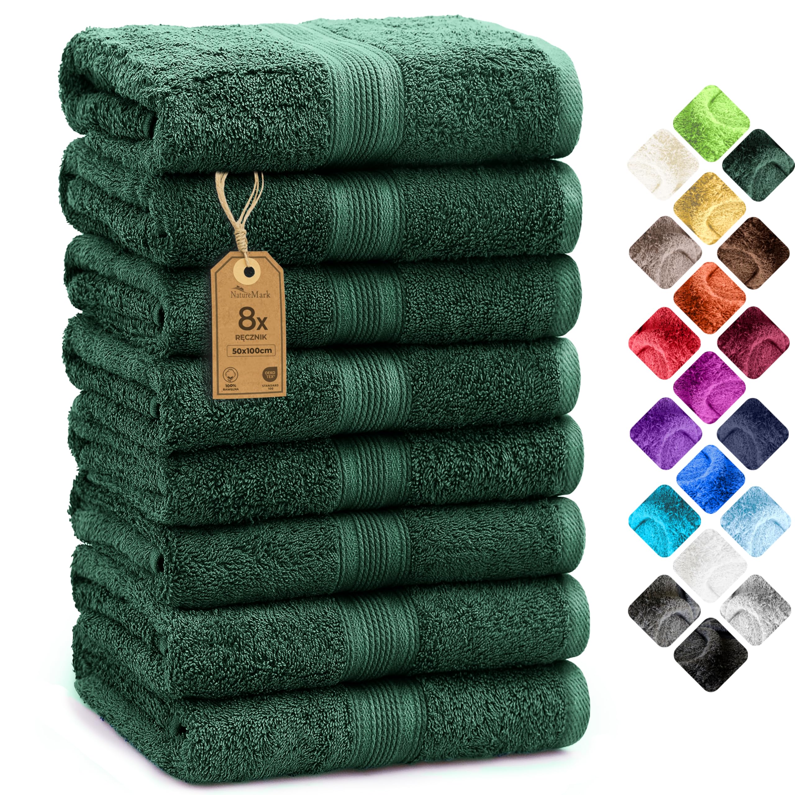 NatureMark Zestaw 8 Ręczników do Rąk - 100% Bawełna - Chłonne i Trwałe Ręczniki, Rozmiar 50×100 cm, Ciemnozielony