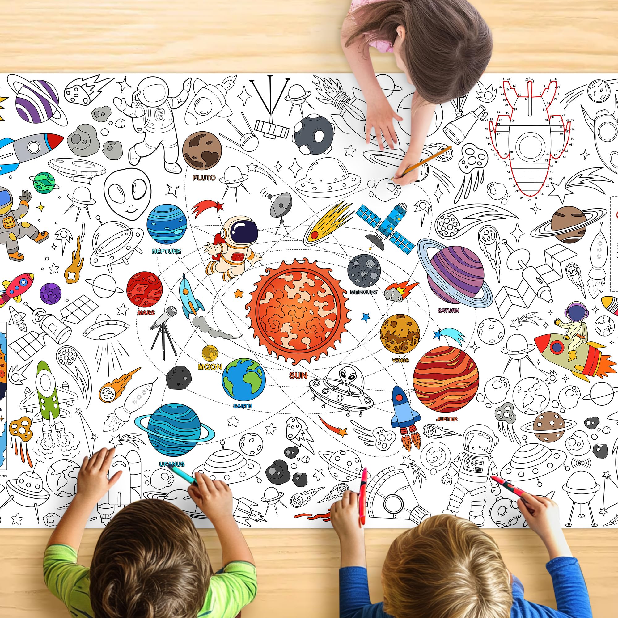 Outer Space Coloring Tablecloth for Kids, Giant 30x72 Inch Poster with Astronauts, Solar System, Perfect for Space Party Games, Galaxy Decorations, Classroom Fun, Celebration Supplies