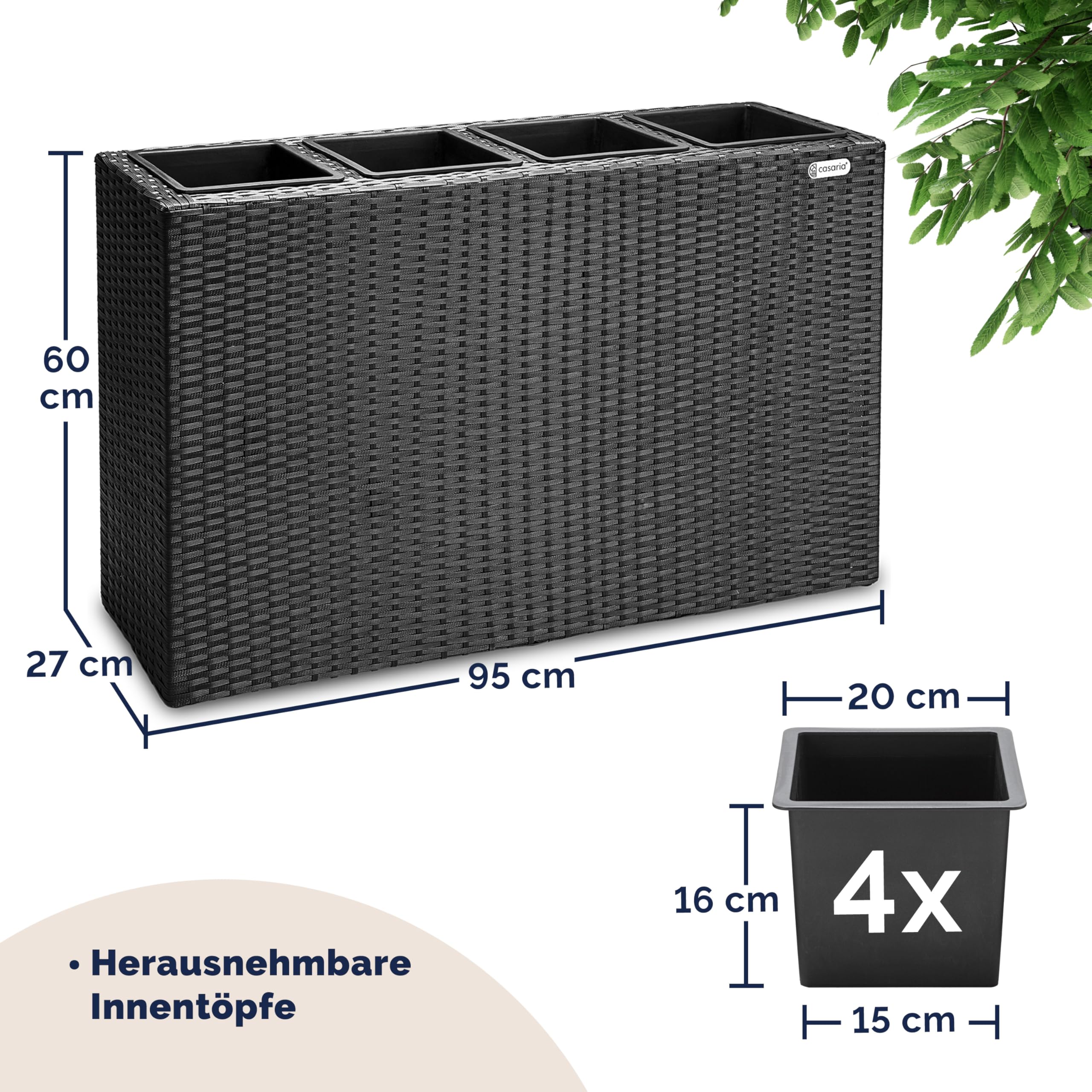 Casaria Fioriera Rettangolare 95x27x60 cm con 4 Vasi Interni in Polyrattan con Sistema di Drenaggio Fioriere Porta Vaso da Fiori Piante Divisorio Giardino Balcone Terrazza Nero