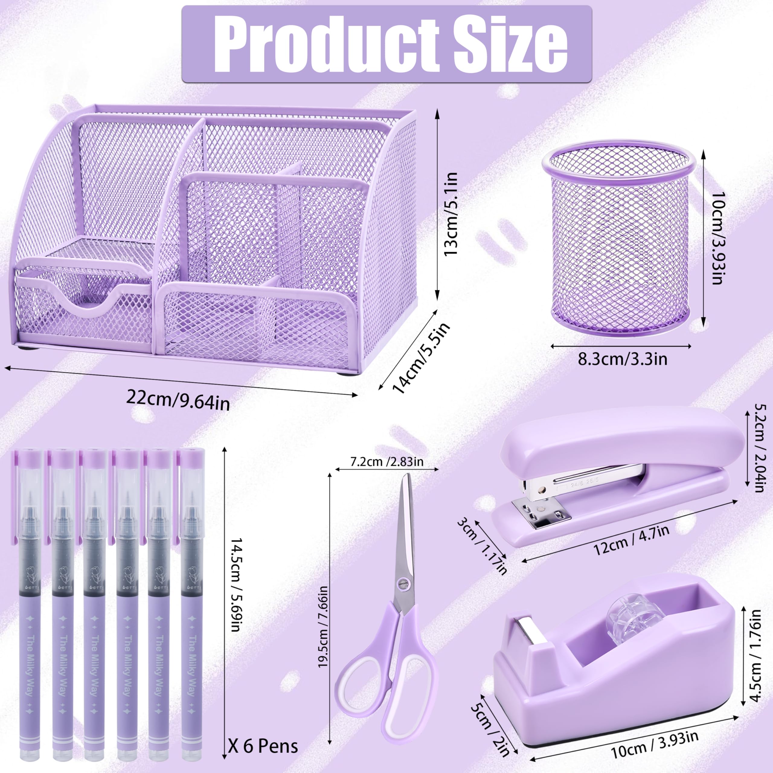 Accessori da scrivania viola, set da 24 pezzi per ufficio e organizer da scrivania, con dispenser per nastro, cucitrice, levapunti, ecc, riempi la tua scrivania con bei colori