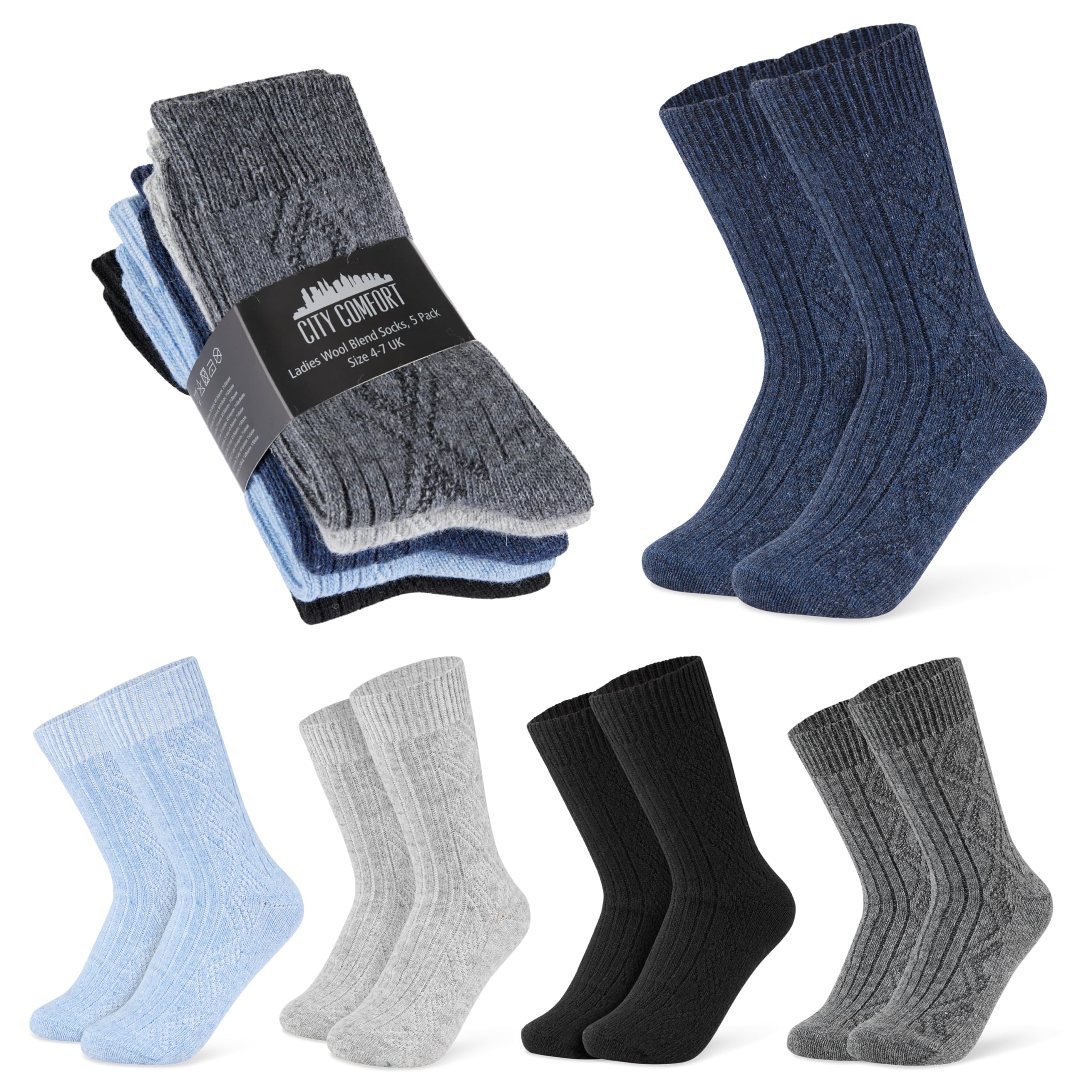 Citycomfort Women's Blue/Grey - Pack Of 5 Calf Socks, Multipack Of Wool Blend Socks - Gifts (/Grey, 8/11 Uk, 5 Pack)