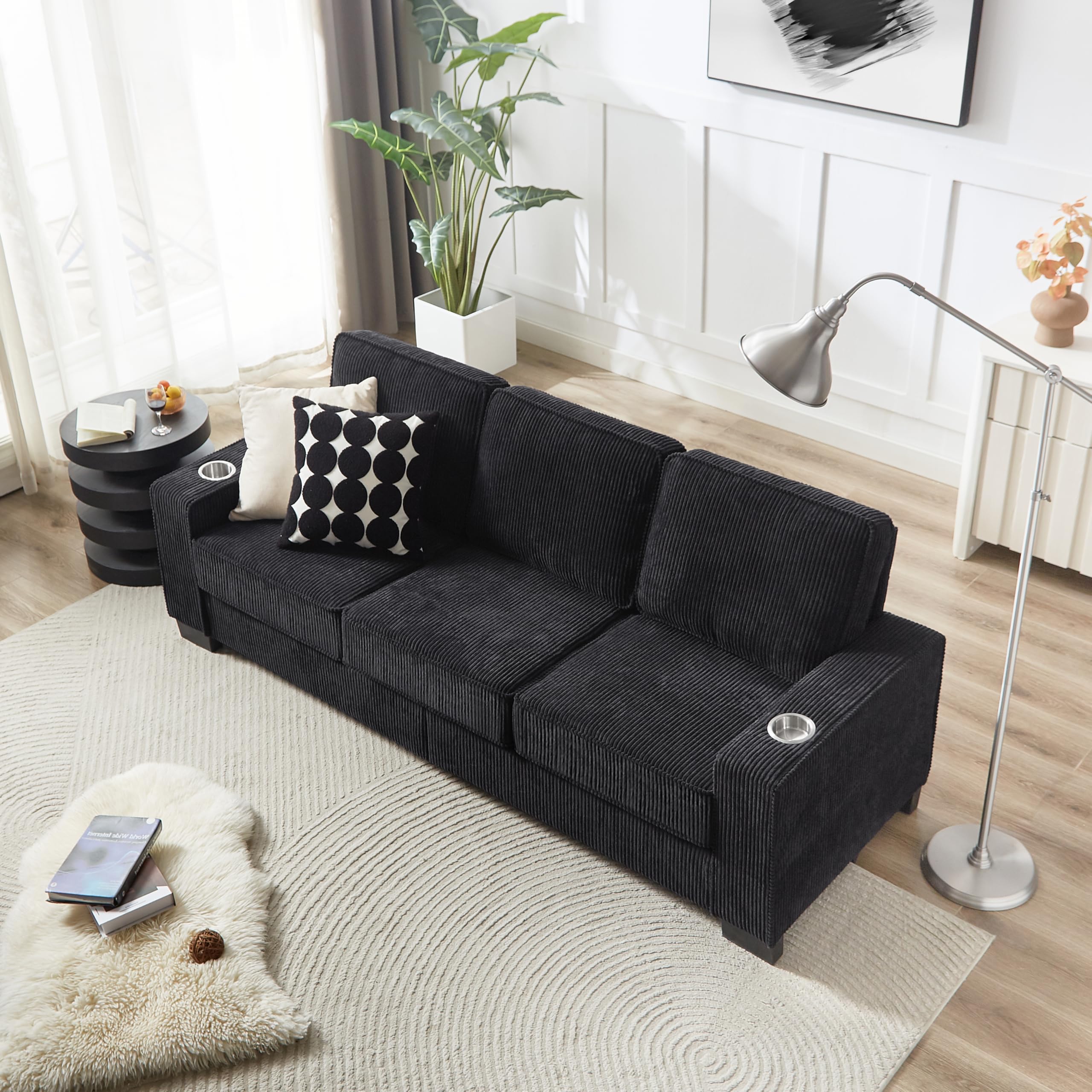 Divano a 3 posti in velluto a coste, moderno divano da soggiorno con portabicchieri, 206 cm, ideale per soggiorno, camera da letto e ufficio.
