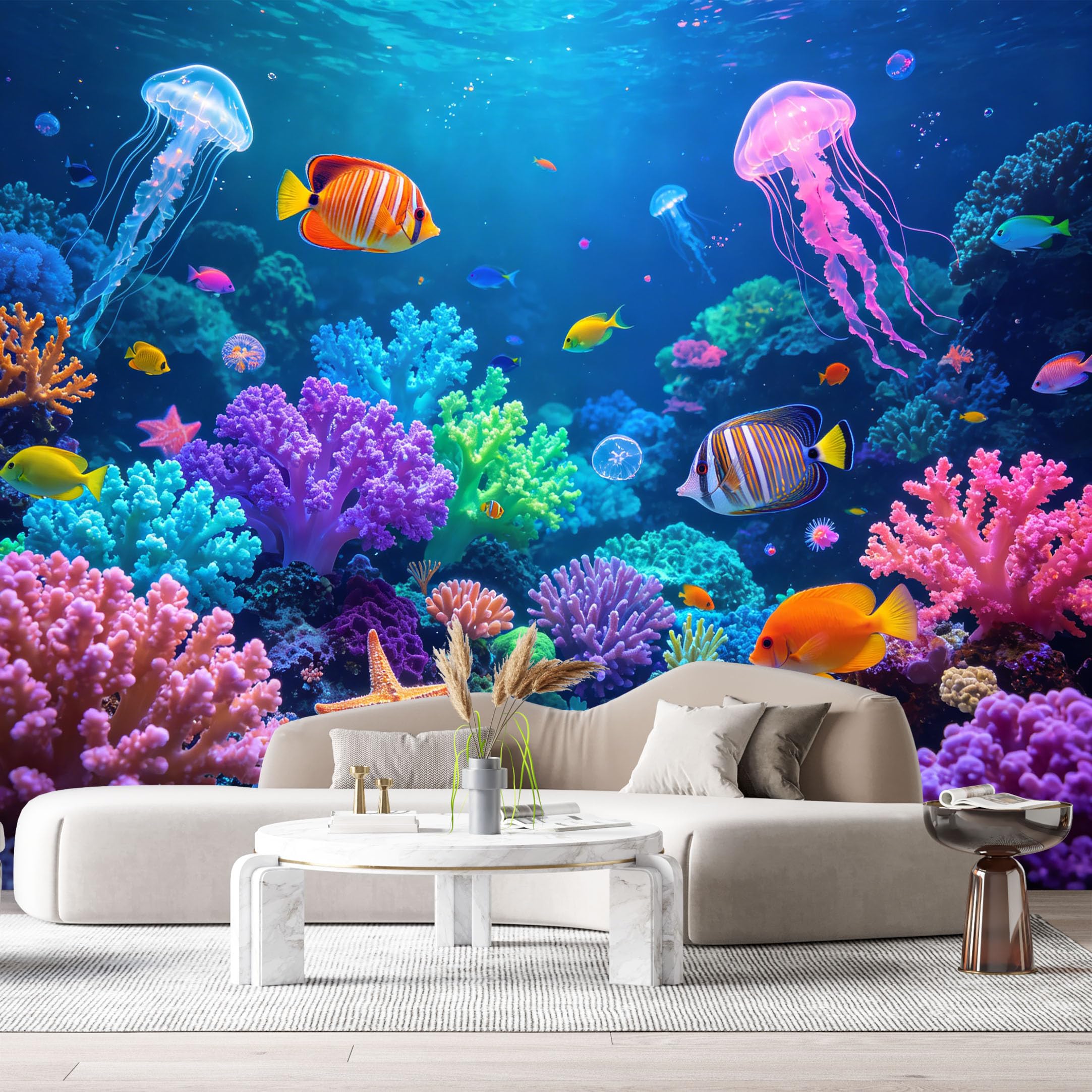 Custom Size Wall Murals Ocean Marine Tropical Coral Reef Jellyfish Starfish SelfAdhesiveWall Fabric Removable Wallpaper Wall Decor for Living Room Bedroom Bathroom