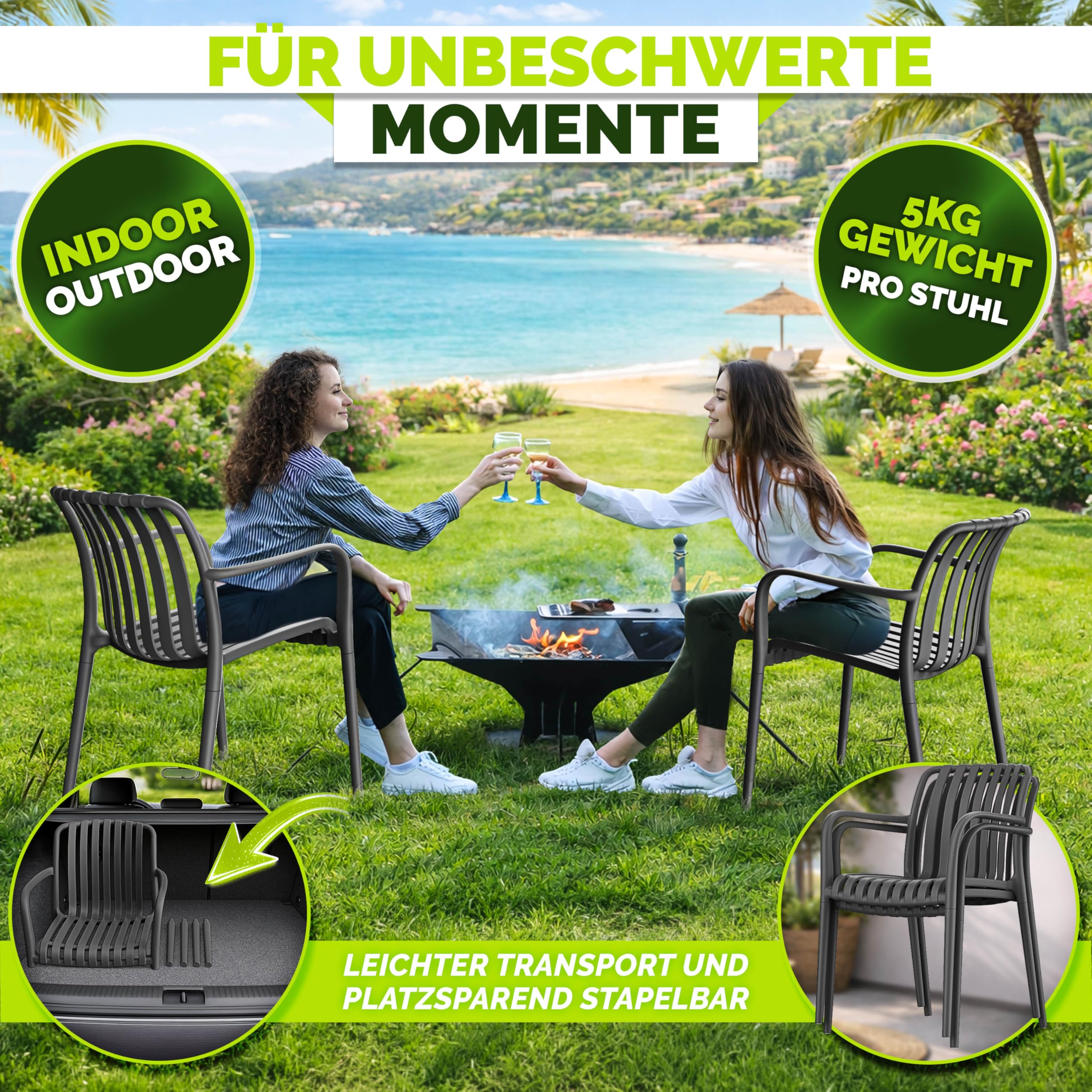 tillvex® Gartenstühle 4er Set Stapelbar Wetterfest mit Armlehne | Outdoor Stühle bis 120kg belastbar | Gartenstühle Outdoor | Terrassenstuhl Gartenmöbel Balkon Garten Terrasse
