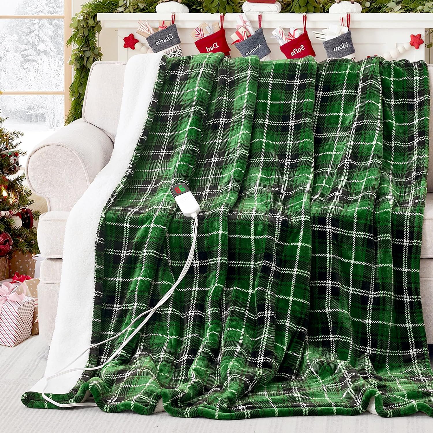 Green Christmas Electric Heated Blanket 50"x60", Fast Heated Throw with 8 Hours Auto Off/8 Heats Levels, Soft Plaid Sherpa with ETL Certification, Gift for Women Adults Keep Warm in Home Office - Image 9