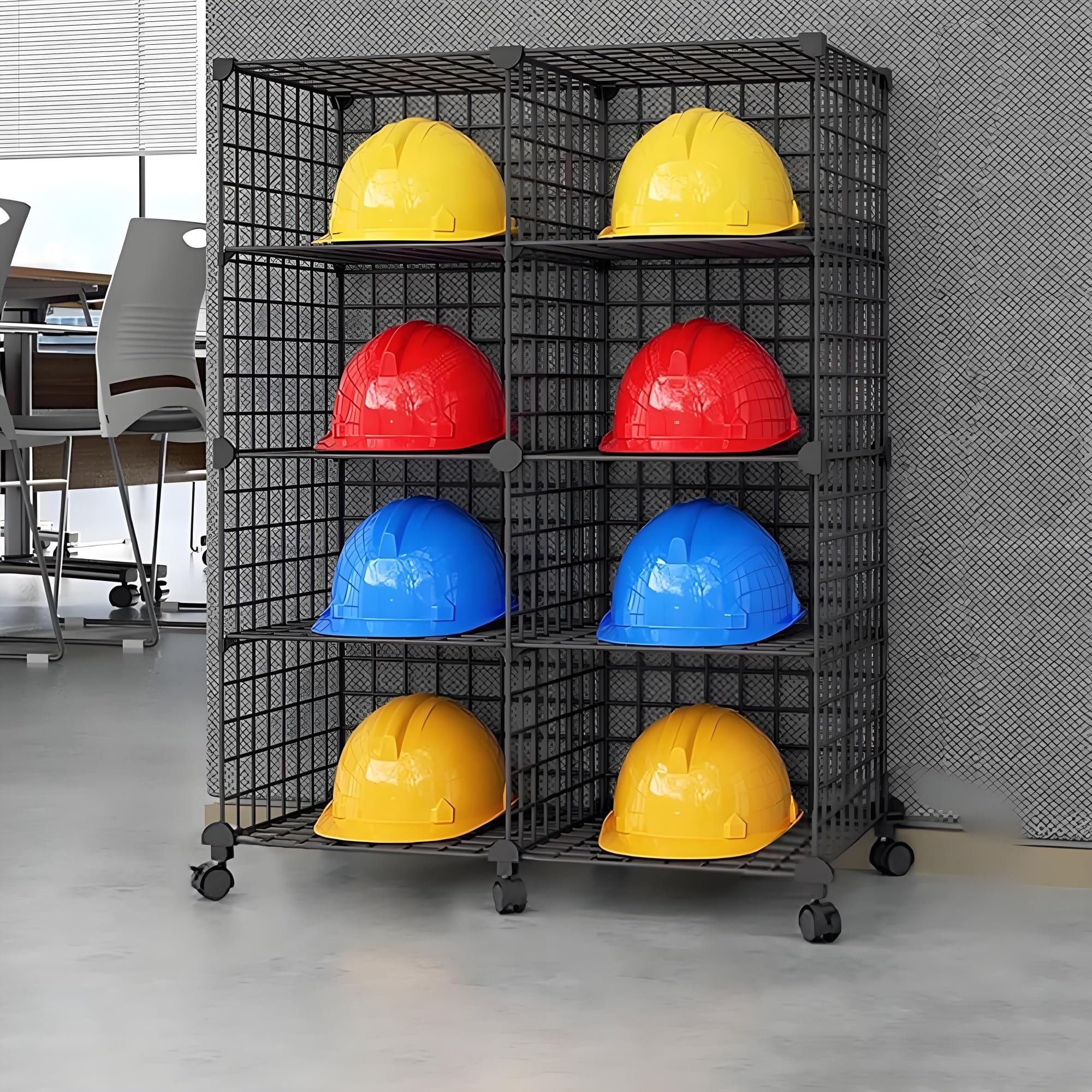 Generisch Rollbarer Schutzhelmständer, stapelbare Aufbewahrungsbox für Bauhelme mit 8 Fächern, tragbarer Helmorganizer für Bauwesen und Industrie (Schwarz)