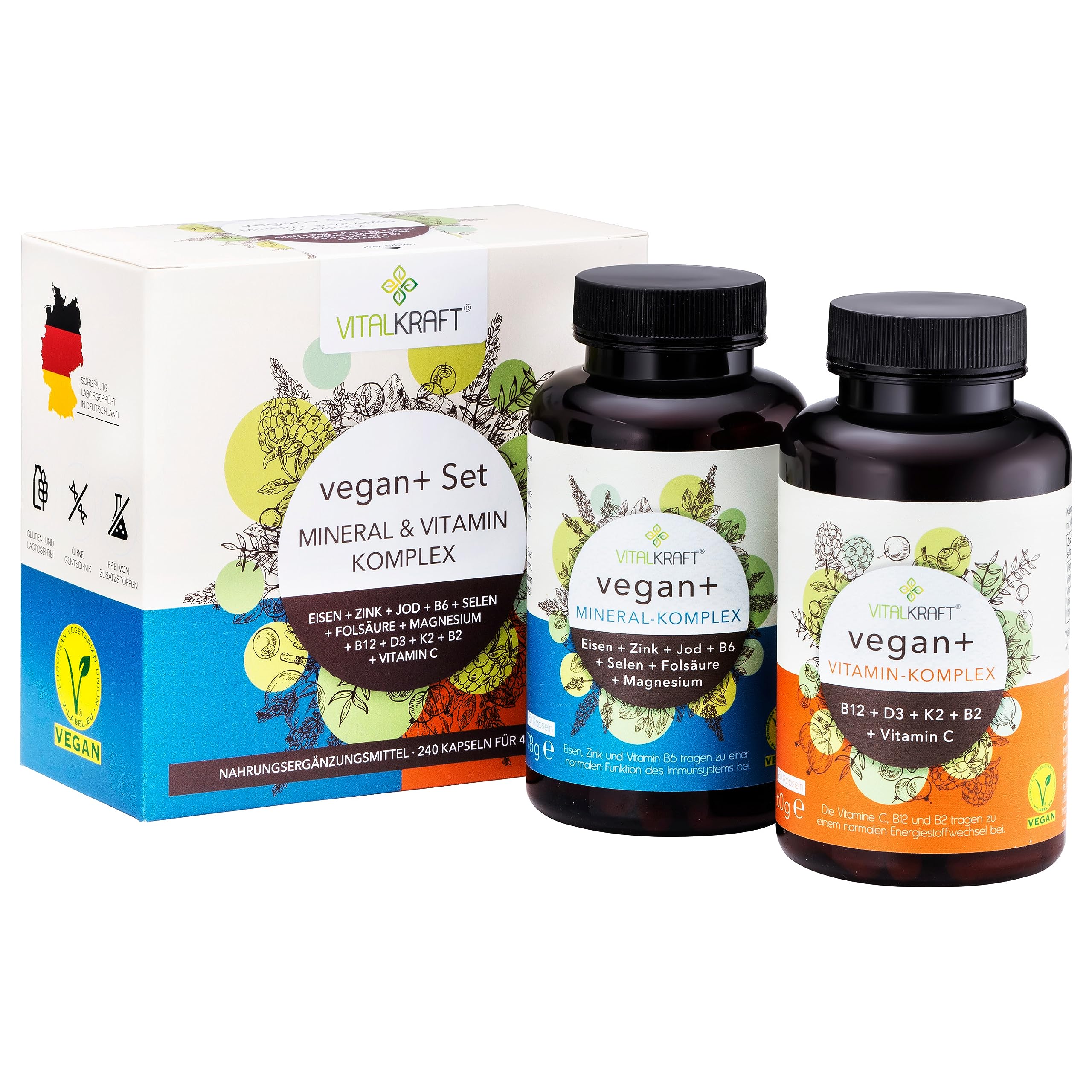 Vegan+ Set Vitamin & Mineral-Komplex, hochdosierte Kapseln mit den Vitaminen B12 + D3 + K2 + B2 + Vitamin C mit Magnesium, Eisen, Zink, Jod, Selen, B6 und Folsäure