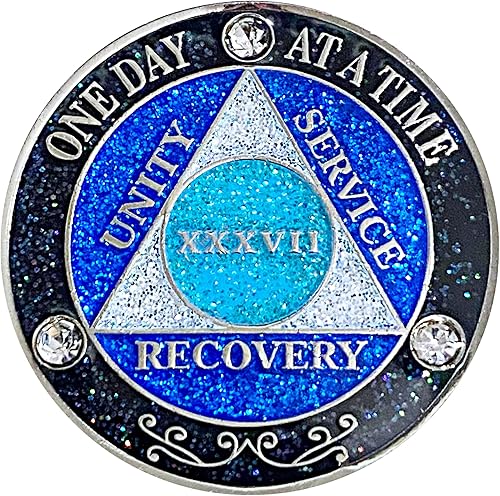 Vista 17 de (años 1-50) AA 17 años de cristales y medallón de purpurina, chapado en color plateado, arco iris negro, purpurina azul y tres cristales