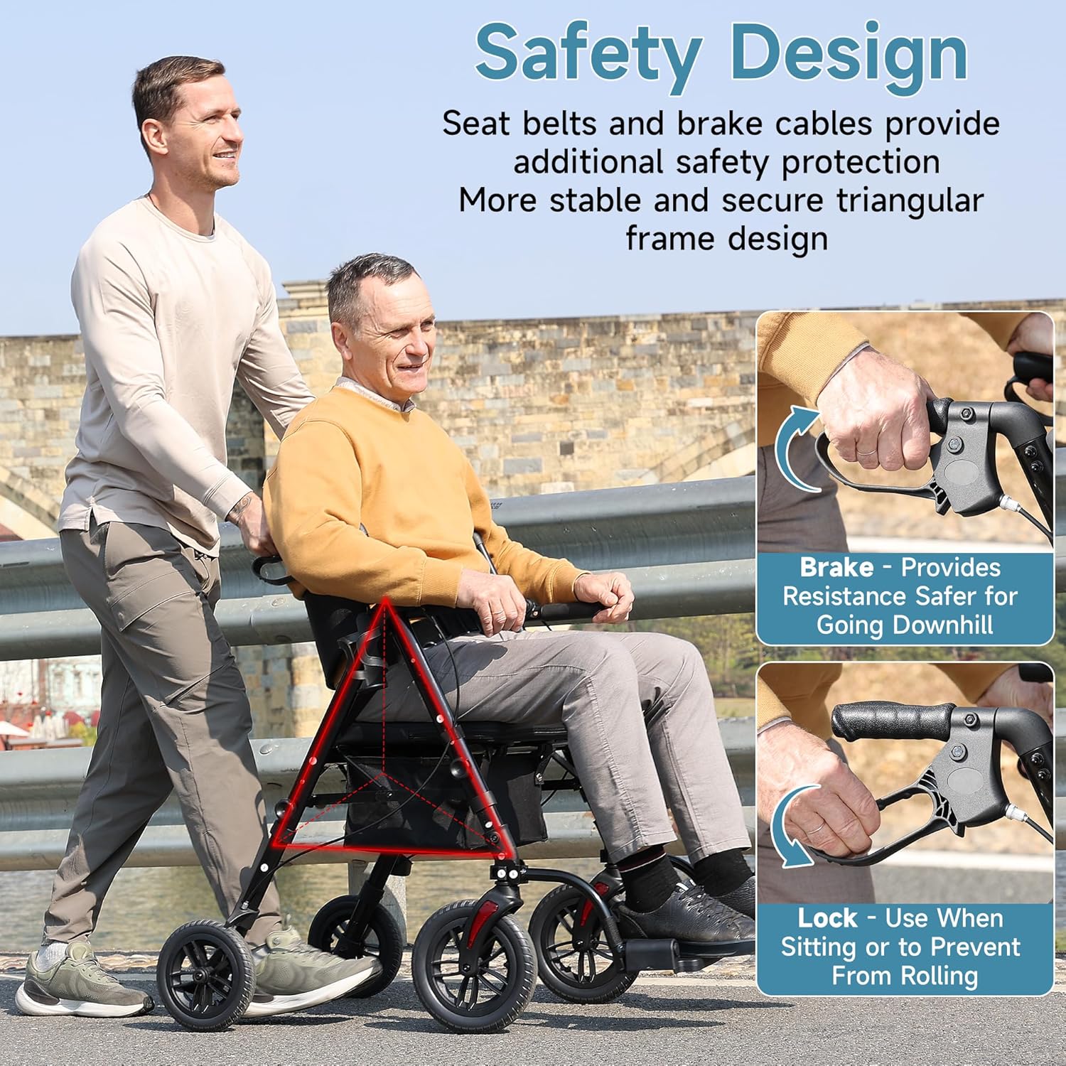 Walkers for Seniors, 2 in 1 Rollator Wheelchairs Combo 10" Big Wheels Walker with Seat, Rollator Transport Chair with Brakes Folding Rolling Walker for Adults, Black