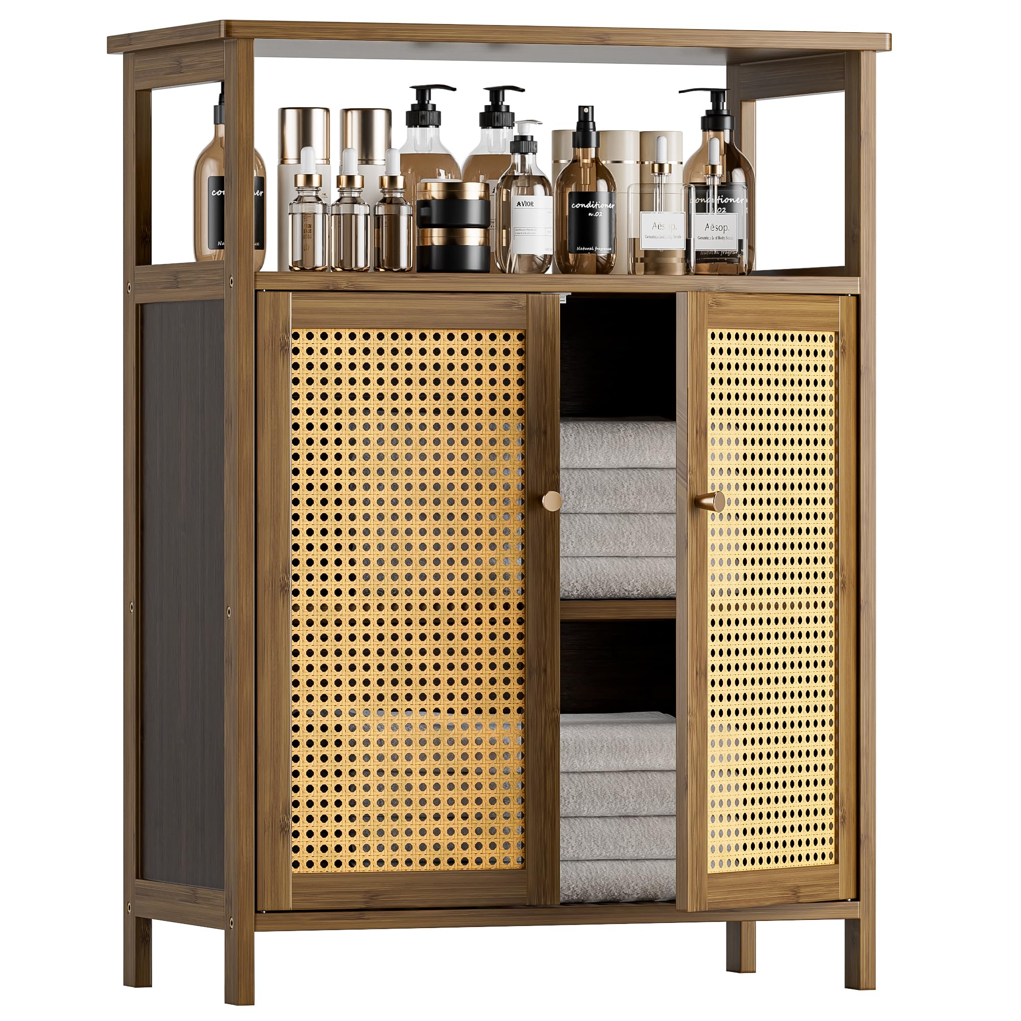 HITNET Rattan Bathroom Floor Cabinet, Bamboo Storage Cupboard with 2 Doors, Freestanding Living Room Sideboard, Space Saving Entryway Storage Unit, Walnut