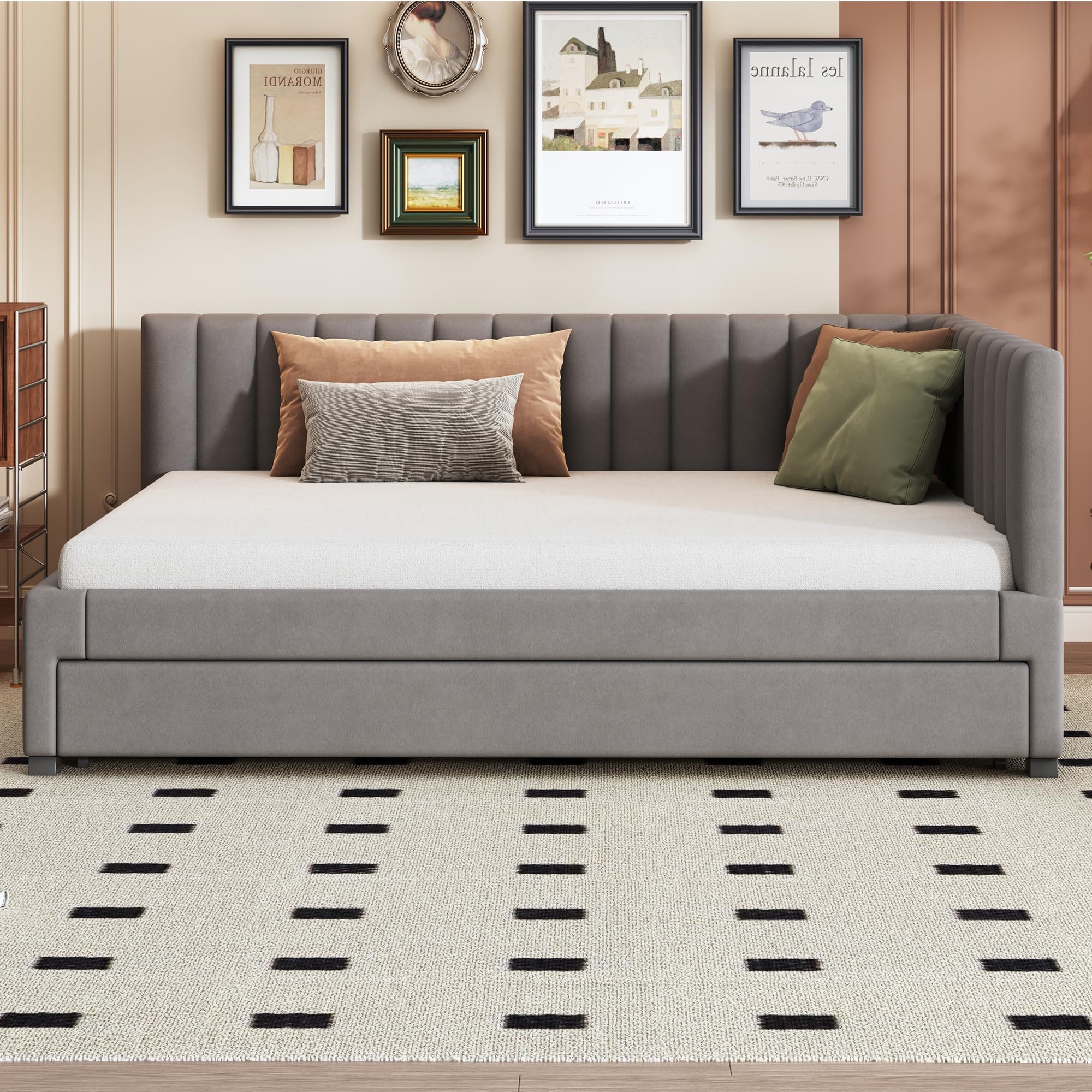 Polsterbett 140x200, Ausziehbares Schlafsofa,Sofabett, Multifunktionsbett mit Lattenrost, Jugendbetten Kinderbetten Gästebetten, Zwei betten, Schlafcouch, Funktionsbett Beige (Grau-140)