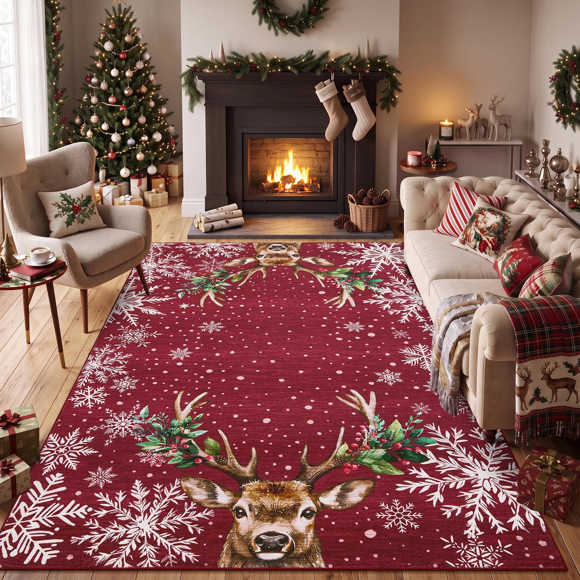 FairyStyle Reindeer Snowflake Christmas Rug 160x230 cm, Non-Slip, Dark Red