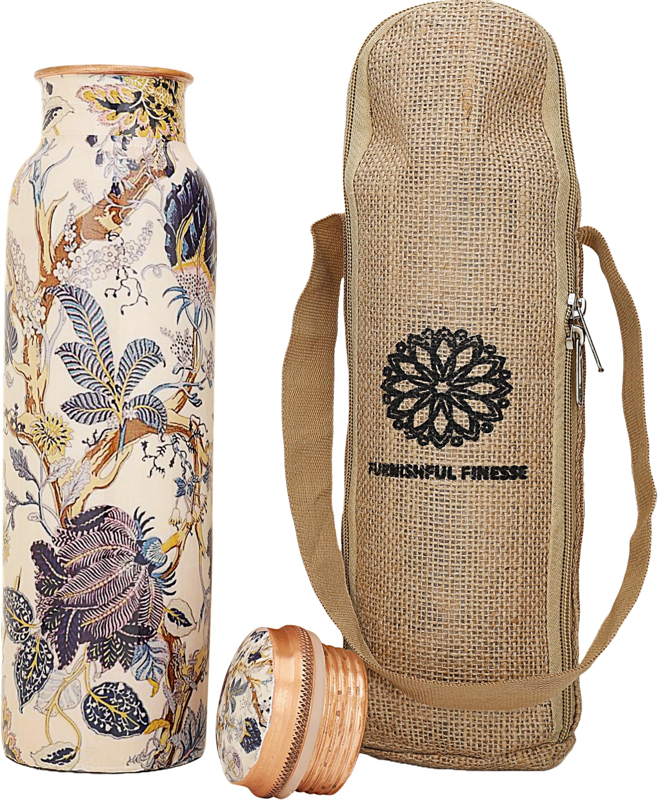 FURNISHFUL FINESSE Copper Water Bottle 34 oz Pure Hammered Ayurvedic Pure Copper Vessel For Drinking Leak Proof Bottle With Carry Bag for Sport Fitness Yoga Sports Copper Bottles 1000 ML