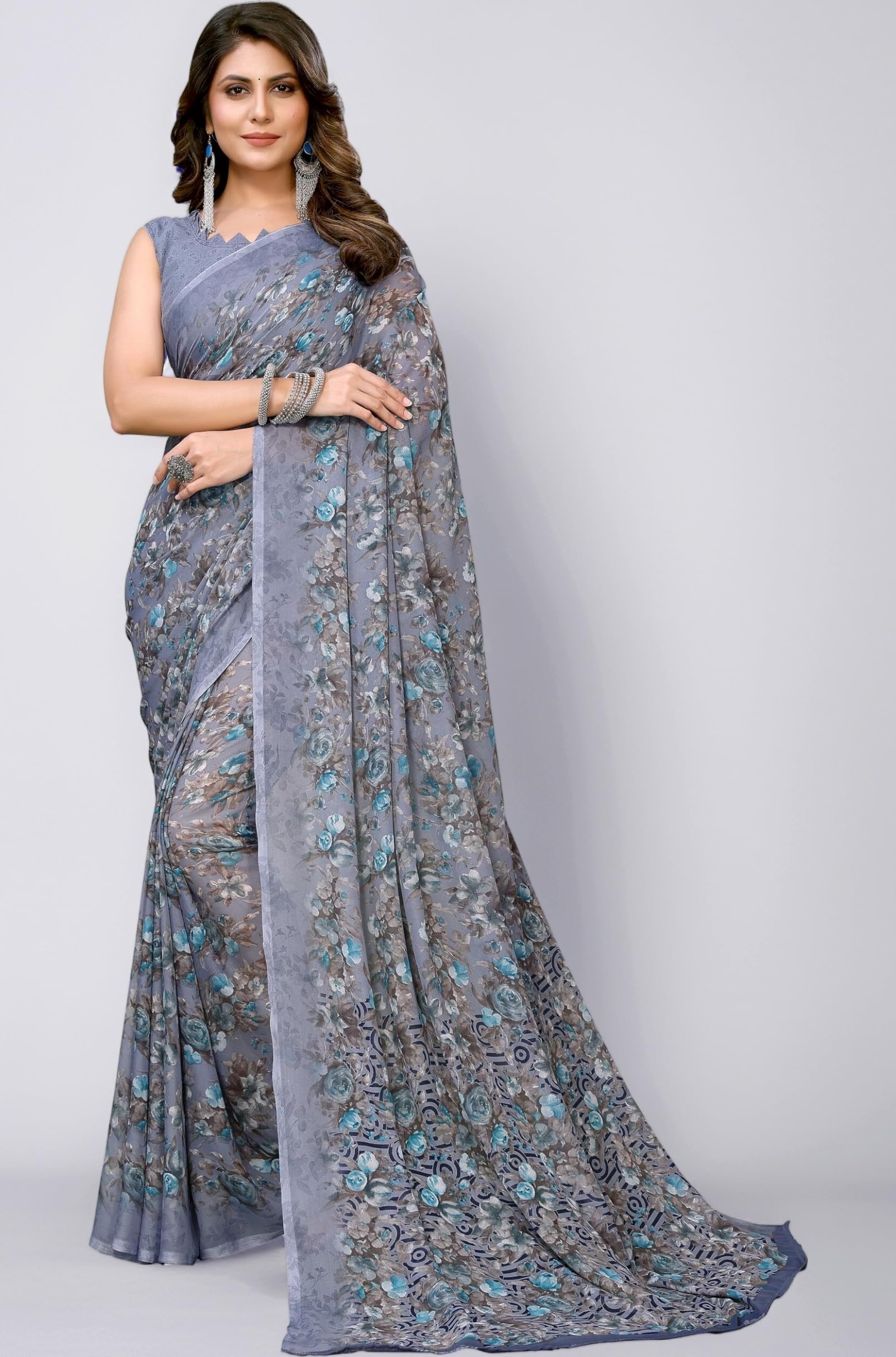 Yashika Women's Trendy Printed Georgette Purple Color Saree with Blouse Material