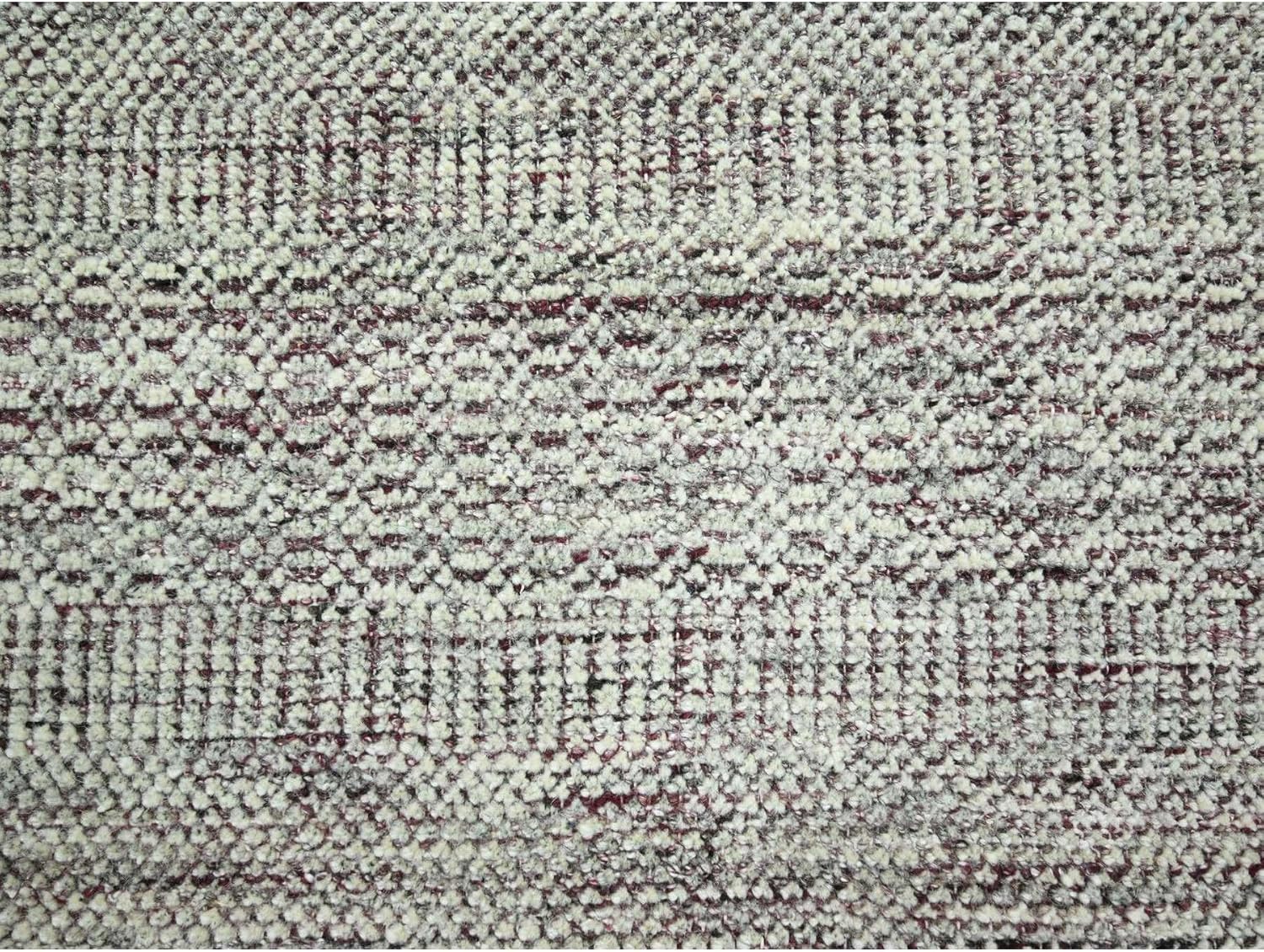 Hand Knotted Oriental Wool Rug, Wine Red and Daisy White, Distressed Grass Design with Exposed Warps, 6x9 Ft
