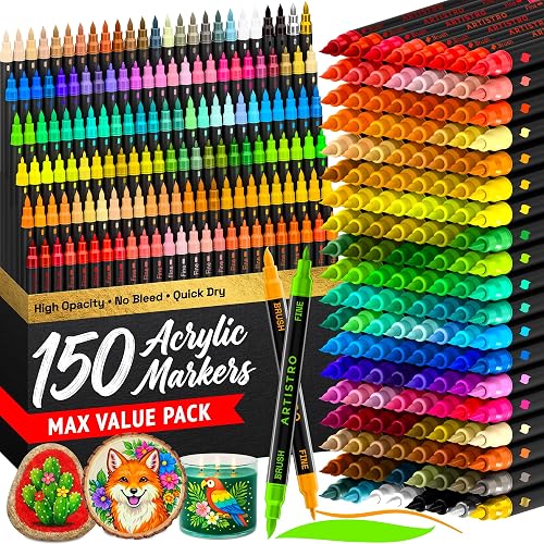 ARTISTRO 150 Acrylic Paint Markers - Paint Pens for Glass Marking, Rock Painting, Ceramic, Wood, Fabric, DIY, Craft, Canvas - Art and Craft Supplies for Adults, Teens, Kids (Brush + Fine Tips)