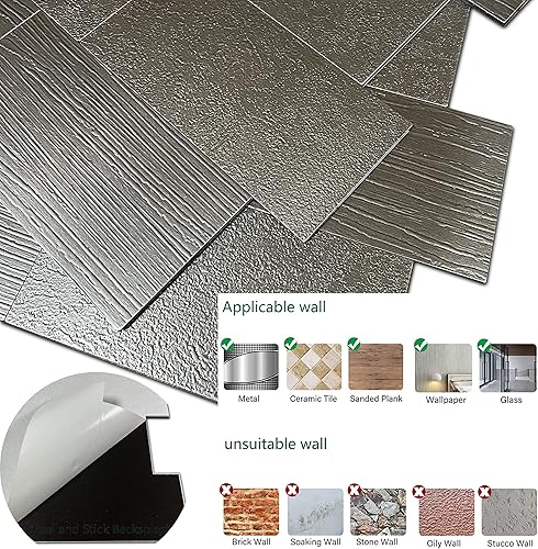 Miniatura 5 de XUANINY Azulejos de metro de 10 hojas para despegar y pegar, azulejos de metal para salpicaduras, adhesivo de pared 3D de aluminio autoadhesivo para