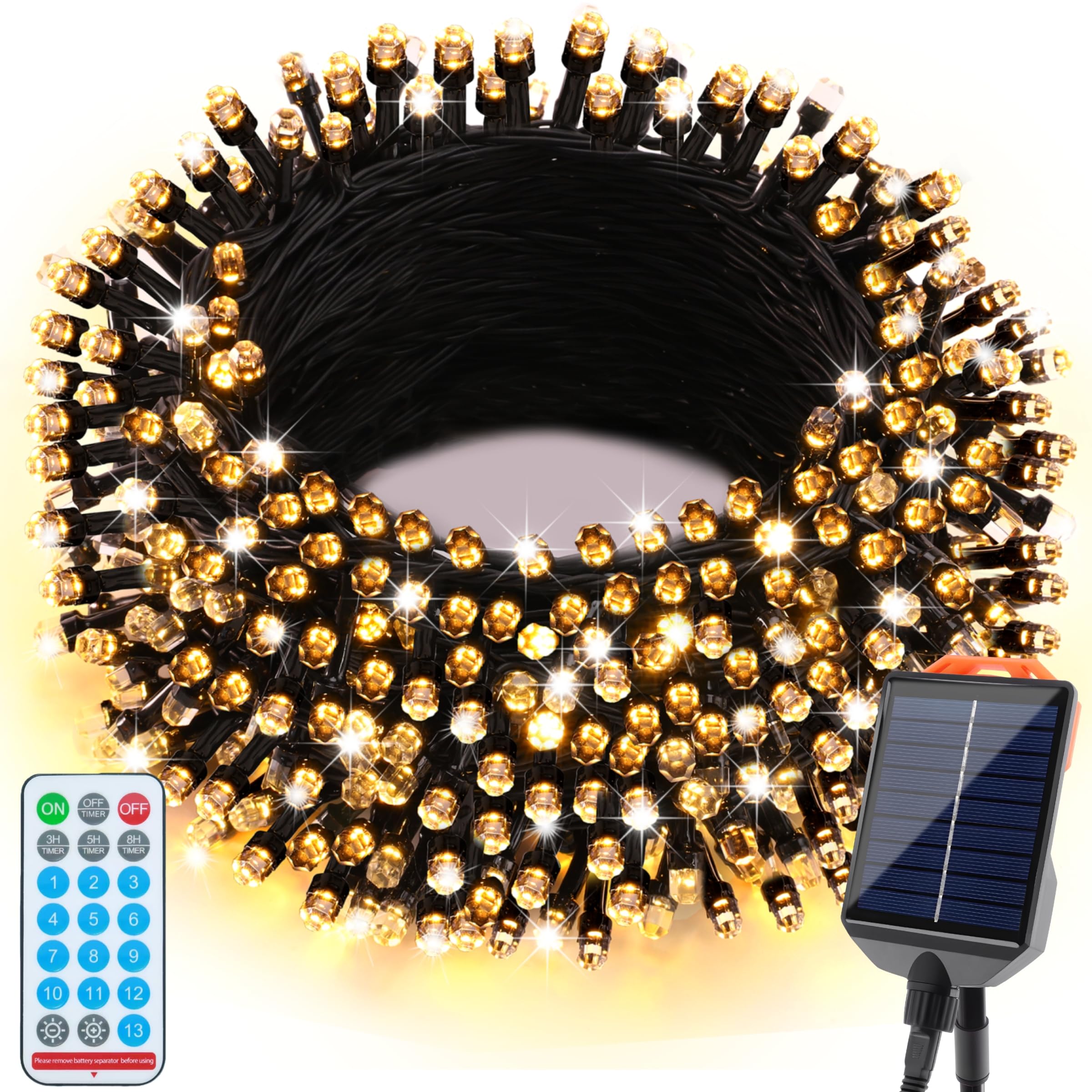 Luces solares de Navidad para exteriores, impermeables, 13 modos, 118 pies, 300 LED, funciona con energía solar, para árbol, exterior, jardín, patio, valla, decoraciones de Navidad (blanco cálido)