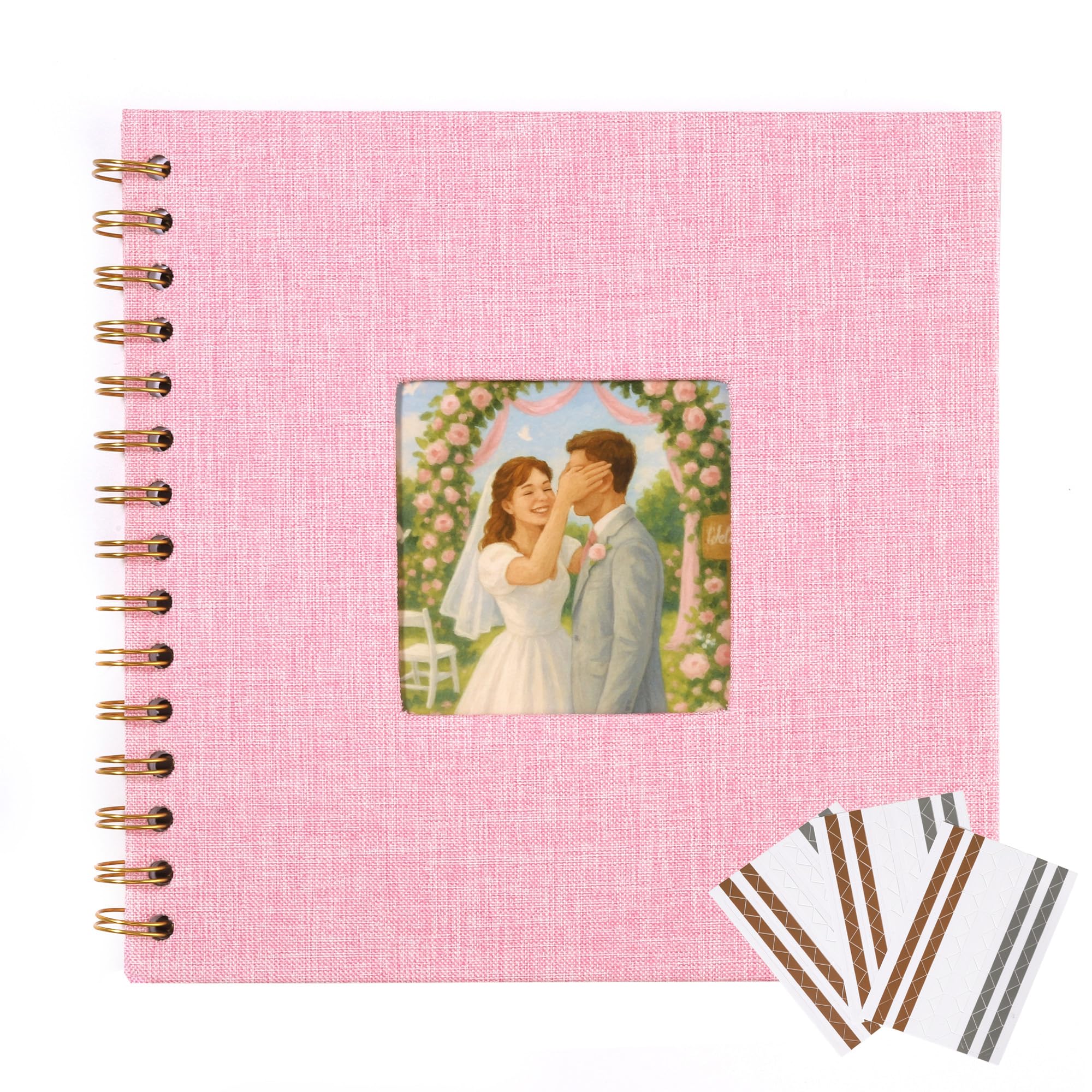 MEMOTOR Pink Linen Scrapbook with Photo Window, 8x8 Inch Hardcover Album, 40 White Pages + Corner Stickers, Perfect for Baby Girl, Birthday, or