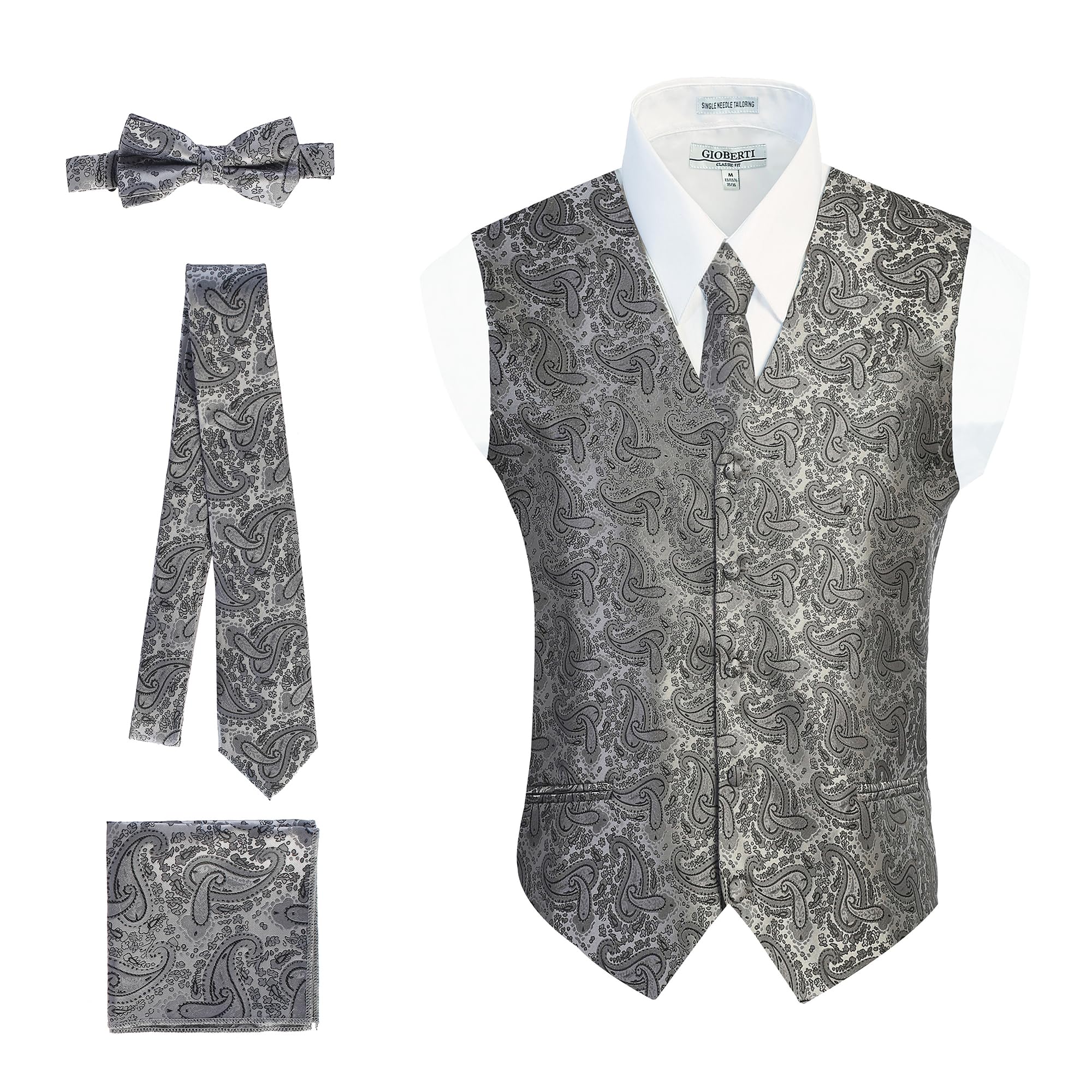 gioberti Men's Formal 4pc Paisley Vest Necktie Bowtie and Pocket Square-picture-23