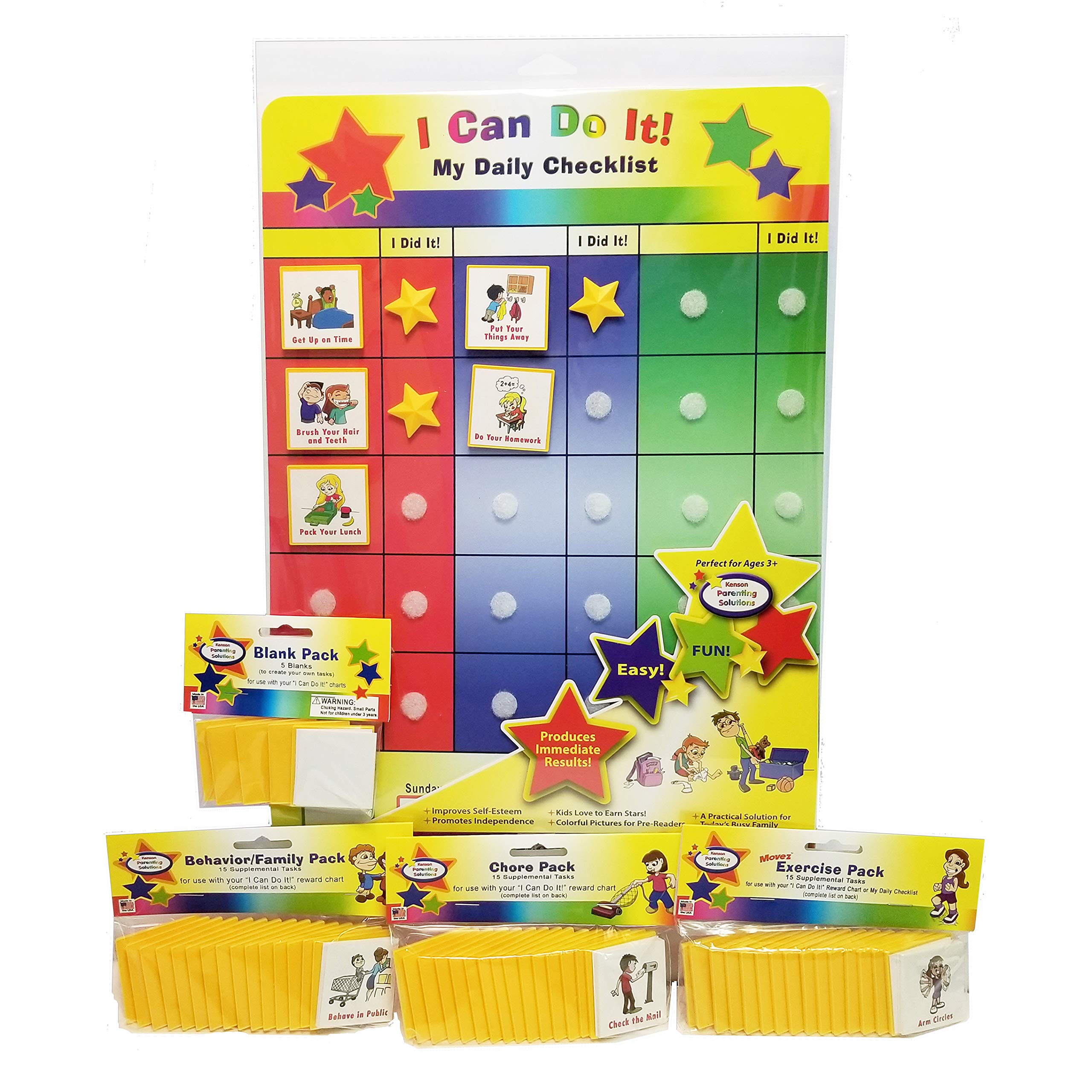 Kenson Kids"I Can Do It" My Daily Checklist Incentive Star Chart Bundle with Chore, Behavior, Exercise, and blank Supplemental packs - 80 Tasks and 10 blanks - Habit, Fitness Tracker- Daily Planner