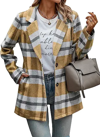 PRETTYGARDEN Women Plaid Shacket Jacket Trendy Fall Casual Button Wool Blend Tartan Trench Coat Winter Clothing with Pockets