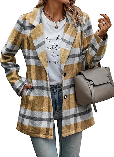 PRETTYGARDEN Women Plaid Shacket Jacket Trendy Fall Casual Button Wool Blend Tartan Trench Coat Winter Clothing with Pockets