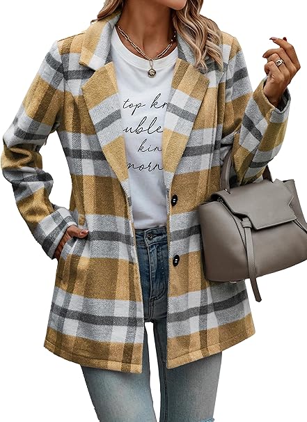 PRETTYGARDEN Women Plaid Shacket Jacket Trendy Fall Casual Button Wool Blend Tartan Trench Coat Winter Clothing with Pockets