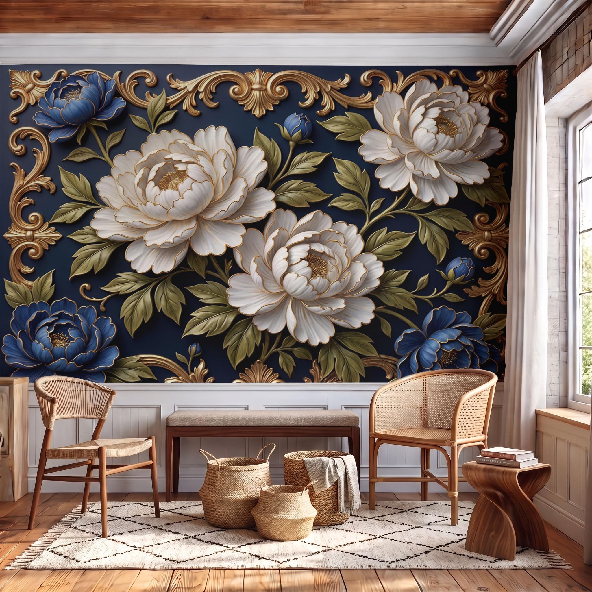 Papier Peint Panoramique Luxueux Relief De Pivoine Bleu Foncé 300X210Cm | Papier Peint Intissé Bordure De Plantes Élégante Décoration Murale Chambre, Fresque Murale Pour Salon Fond Tv