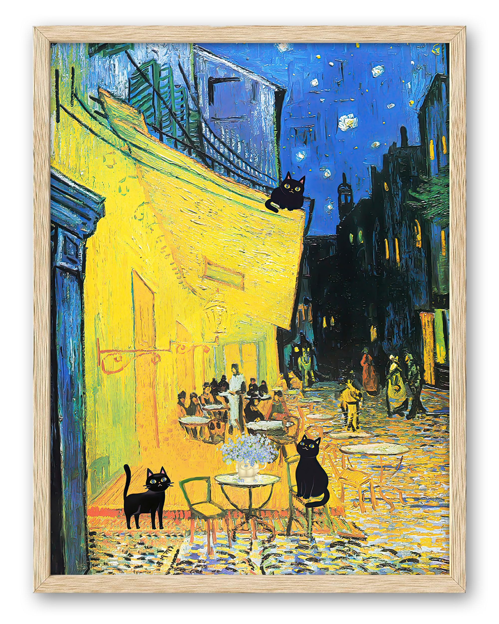 UPWOIGH Beige Oak Wood Framed Canvas Wall Art,30x40CM,3 Black Cats at Vincent Van Gogh's Cafe Terrace at Night,Impressionist Painting,French Cityscape Print,Funny Cat for Kids Room Bathroom,1Pack