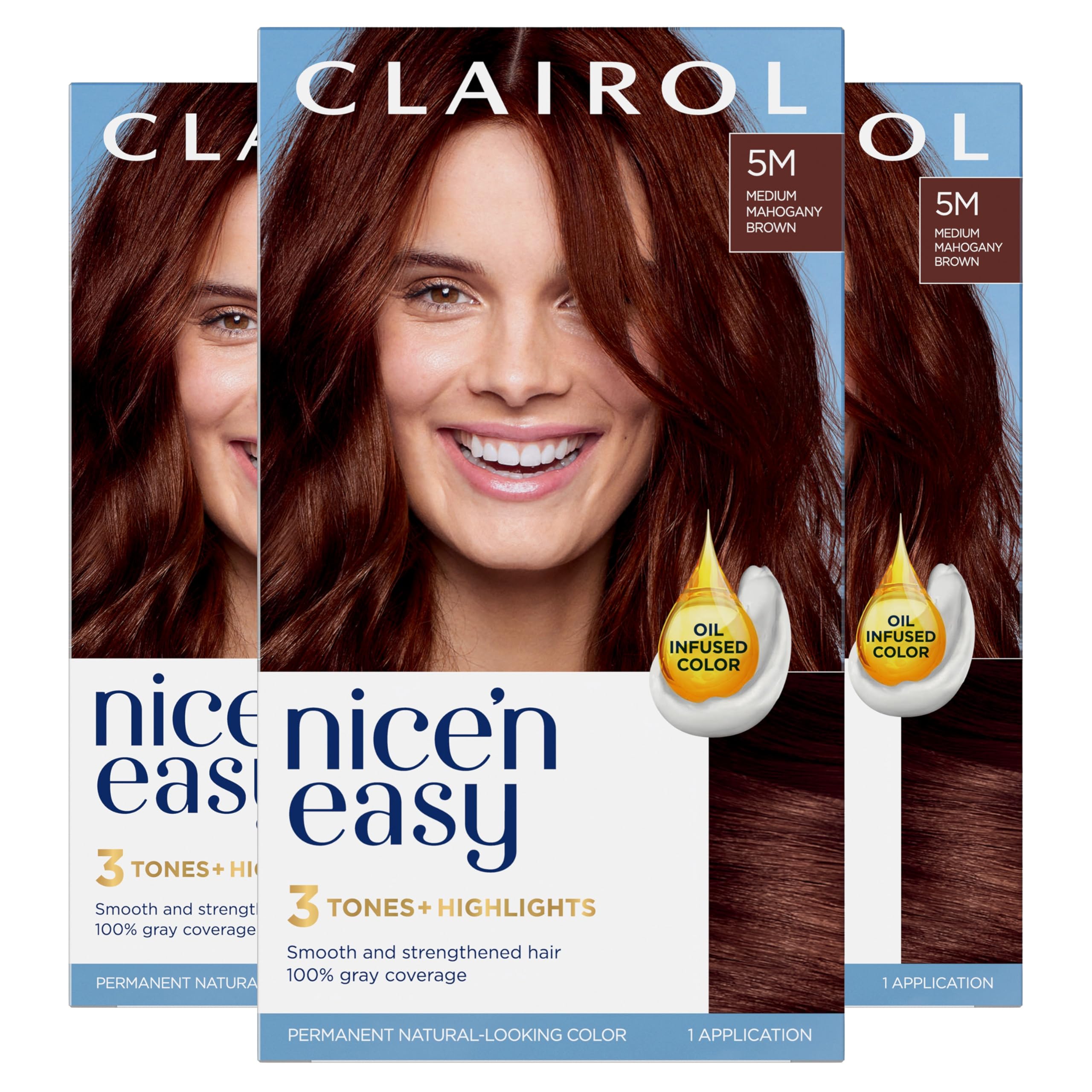ClairolNice'n Easy Permanent Hair Dye, 5M Medium Mahogany Brown Hair Color, Pack of 3