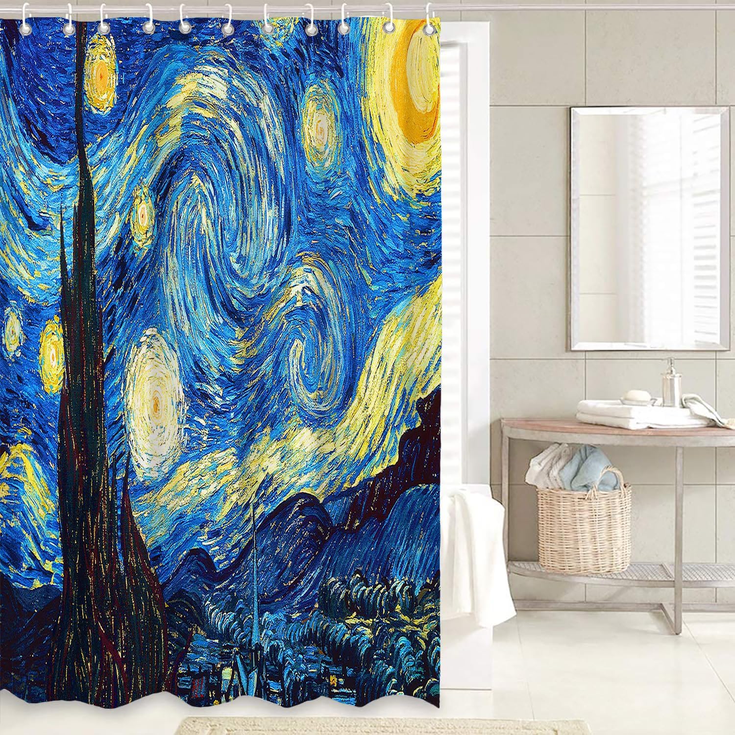 4 Pcs Starry Night Shower Curtain Sets with Non-Slip Rugs for Bathroom with 12 Hooks, Vincent Van Gogh Stars Art Decorative Long Cloth Fabric Shower Curtain Bath Decorations - 72Wx72L