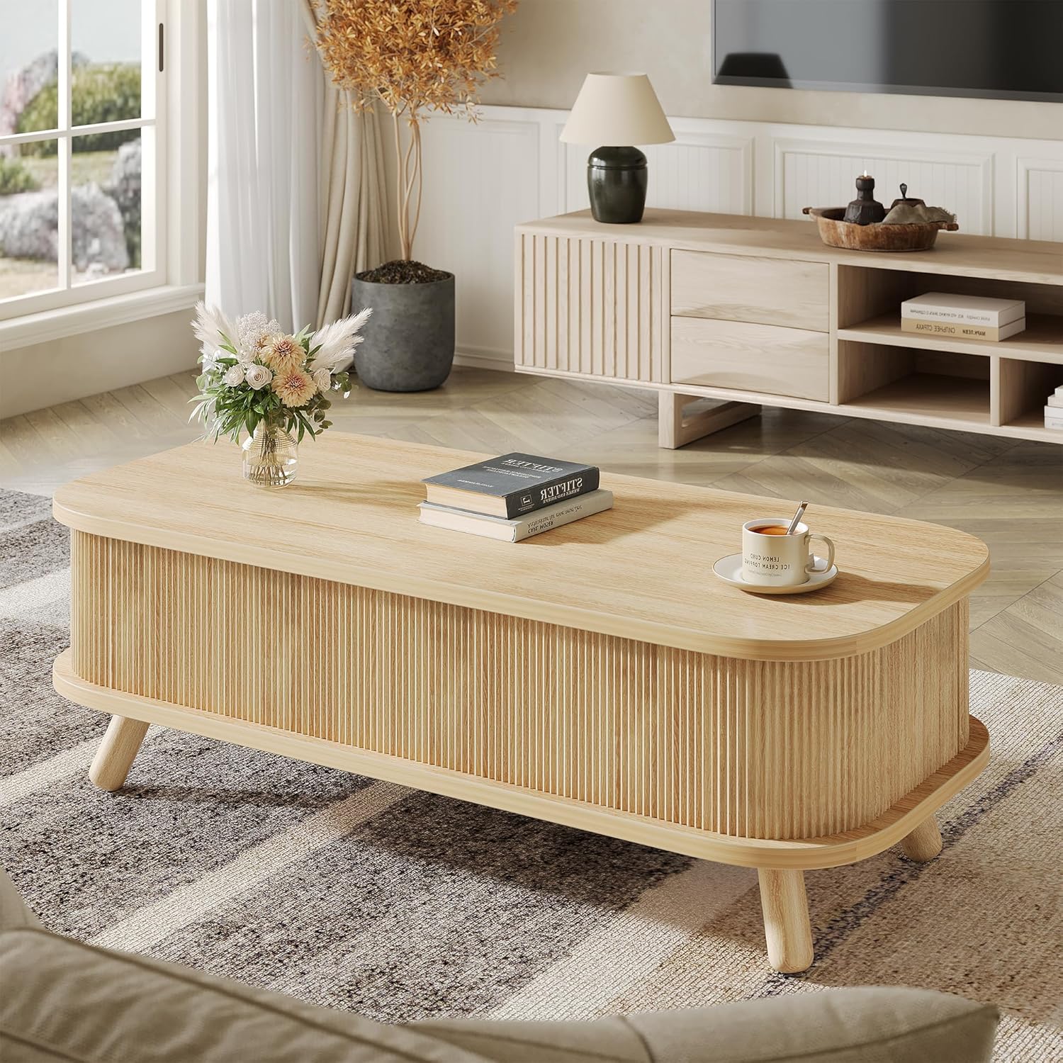 47" Fluted Lift Top Coffee Table with Storage, Modern Oval Wooden Coffee Table for Living Room or Home Office, Safe Rounded Corners & Hidden Compartment