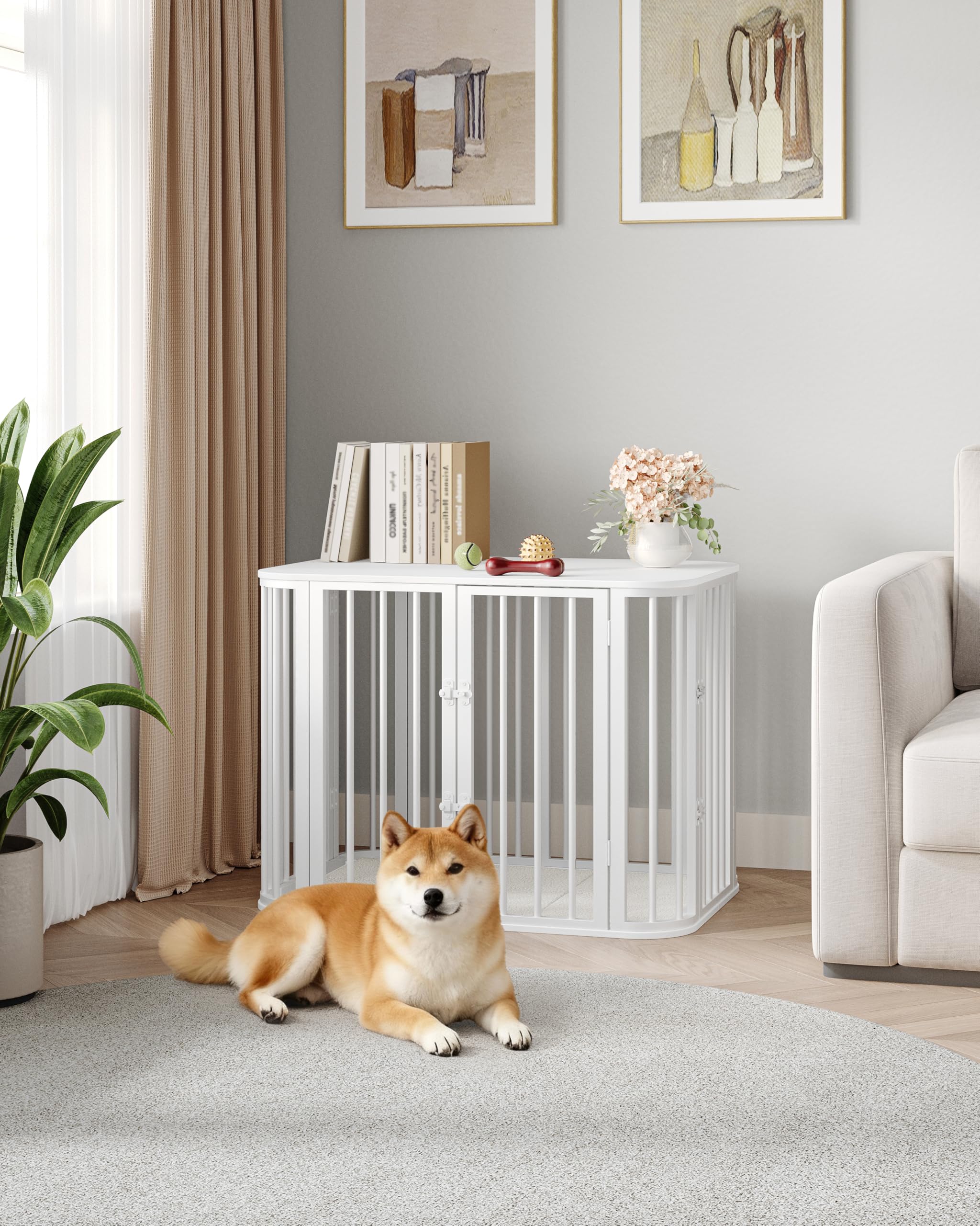 Hzuaneri Cage pour Chien Meuble, Cage D'intérieur avec Coussin, Modèle à Trois Portes, Table D'appoint en Bois, Convient aux Chiens de Petite et Moyenne Taille, 80 x 55 x 61,5 cm, Blanc DFC87713W