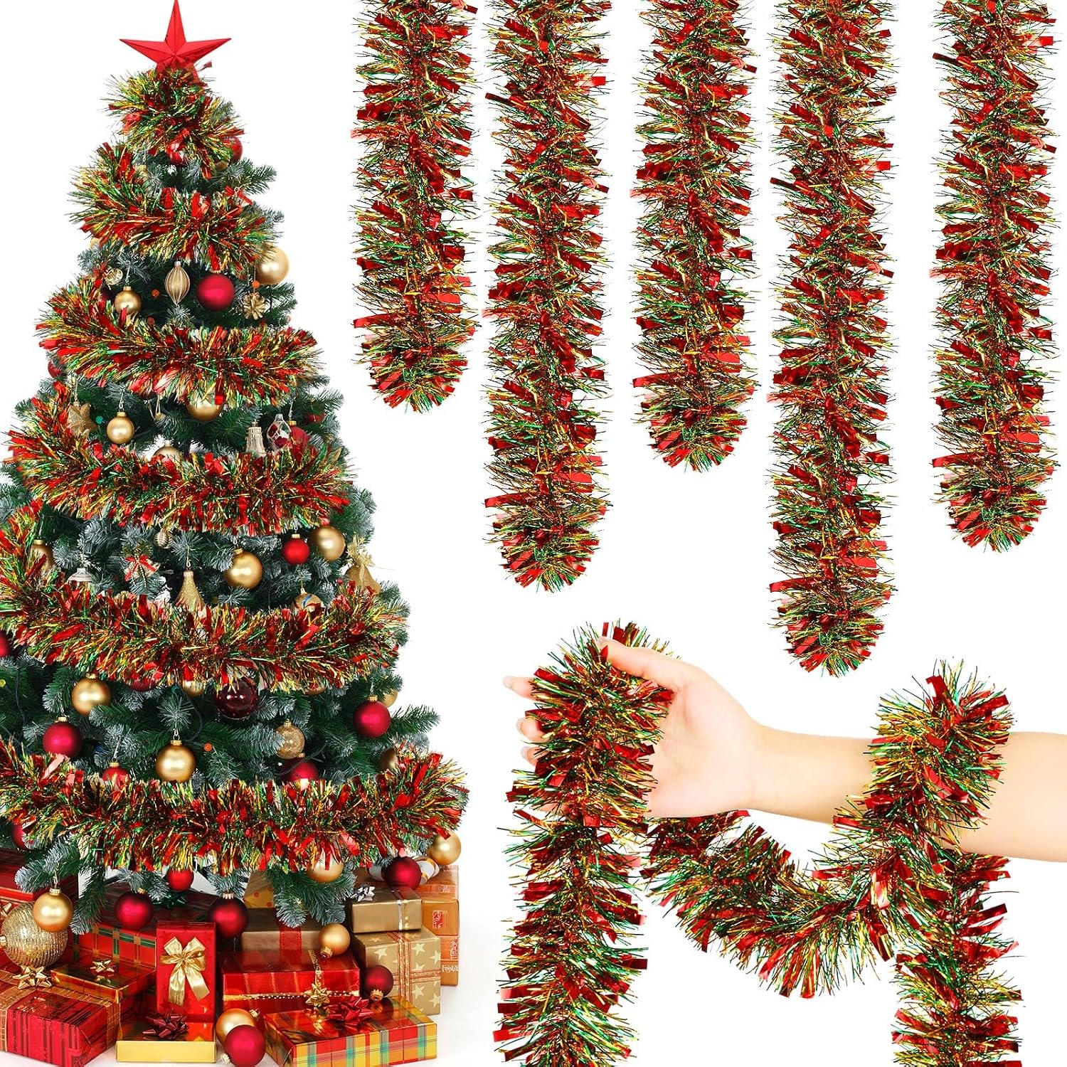 Poen 100 ft Fall Maple Leaf Tinsel Garland, Orange Thanksgiving Decor