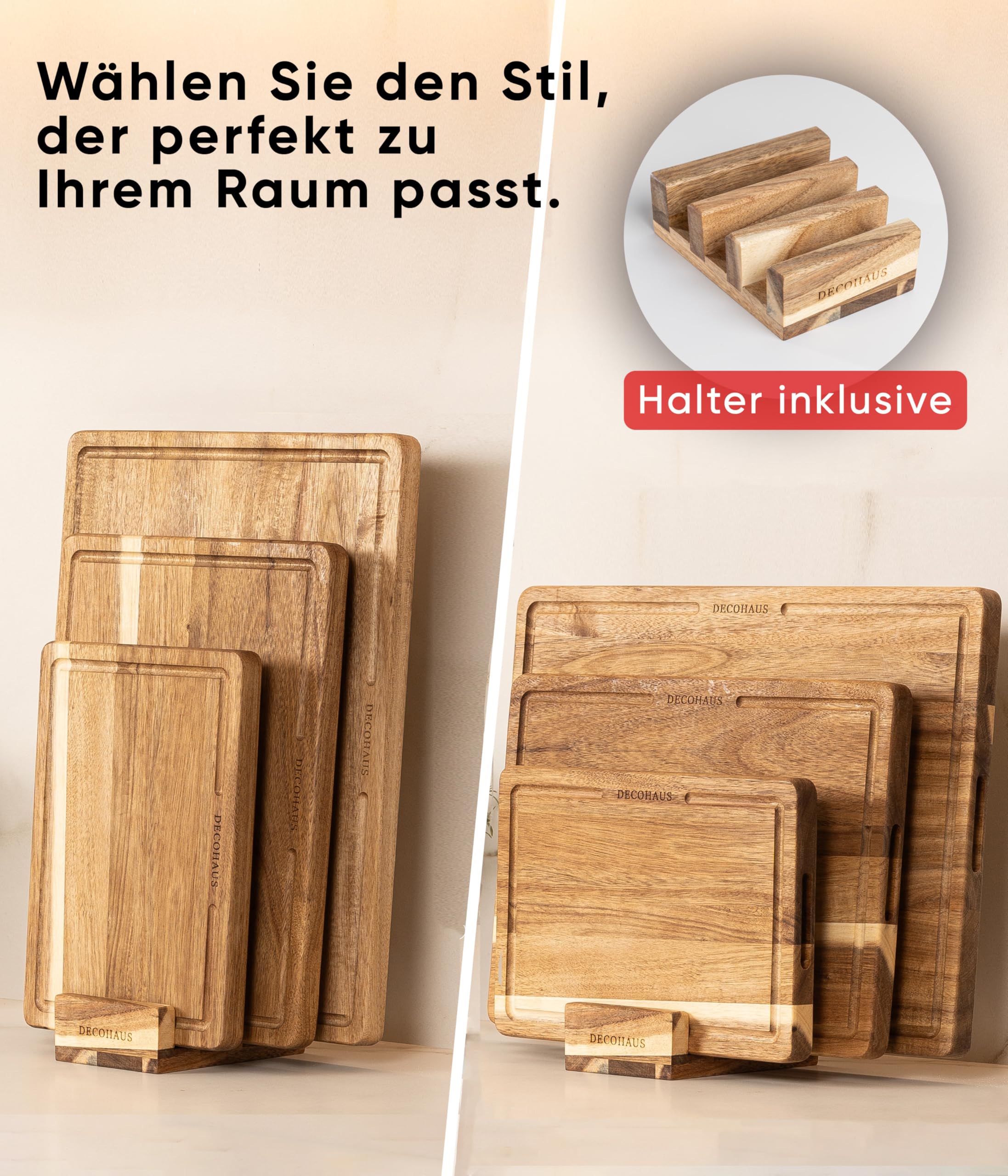Deco haus Schneidebrett Holz 3er Set aus Robustem Akazie [2cm DICKE] - Schneidebretter mit Saftrille - Holzbrett Küche 40x30, 33x24, 26x18 Holzbretter - Wooden Cutting board set - Holzschneidebrett