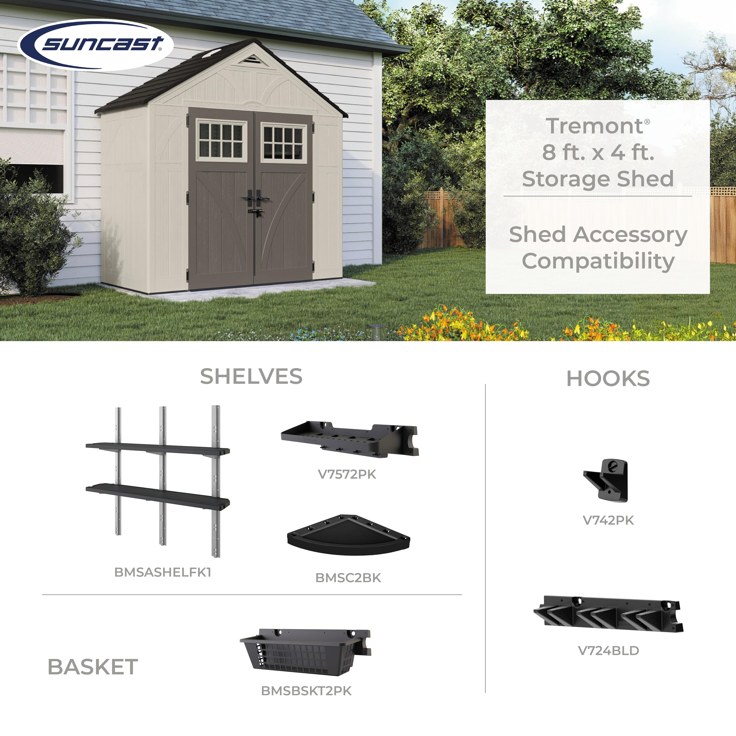 Suncast 4' x 8' Heavy-Duty Resin Tremont Storage Shed with Reinforced Floor, Skylights for Natural Light, Lockable Double Doors, Sand Finish - Image 3
