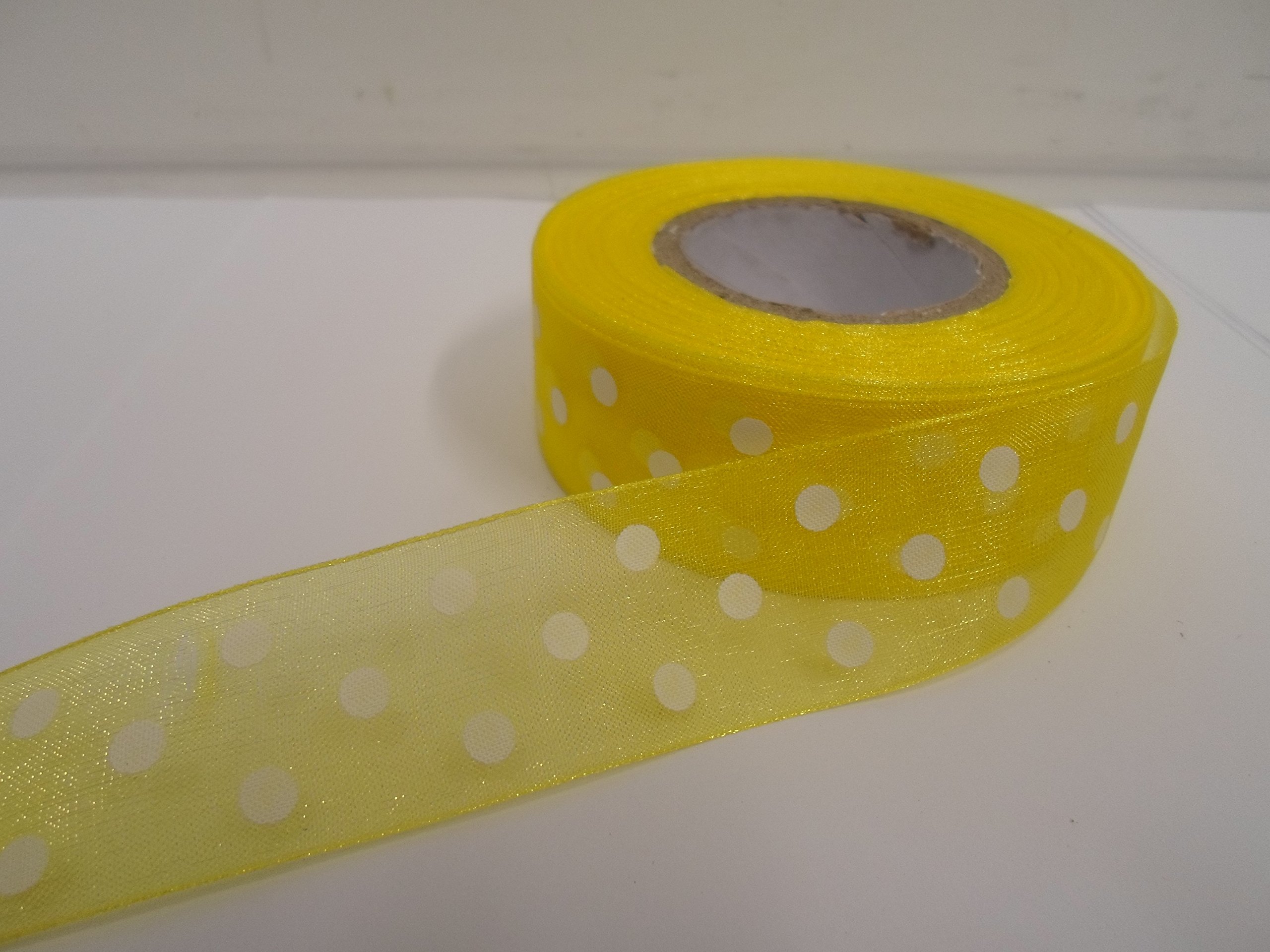 2 metres (Cut from Reel) x 25mm Polka dot Sheer Organza Ribbon Canary Yellow with White Spots dots 25 mm 2.5cm 1" 1 Inch