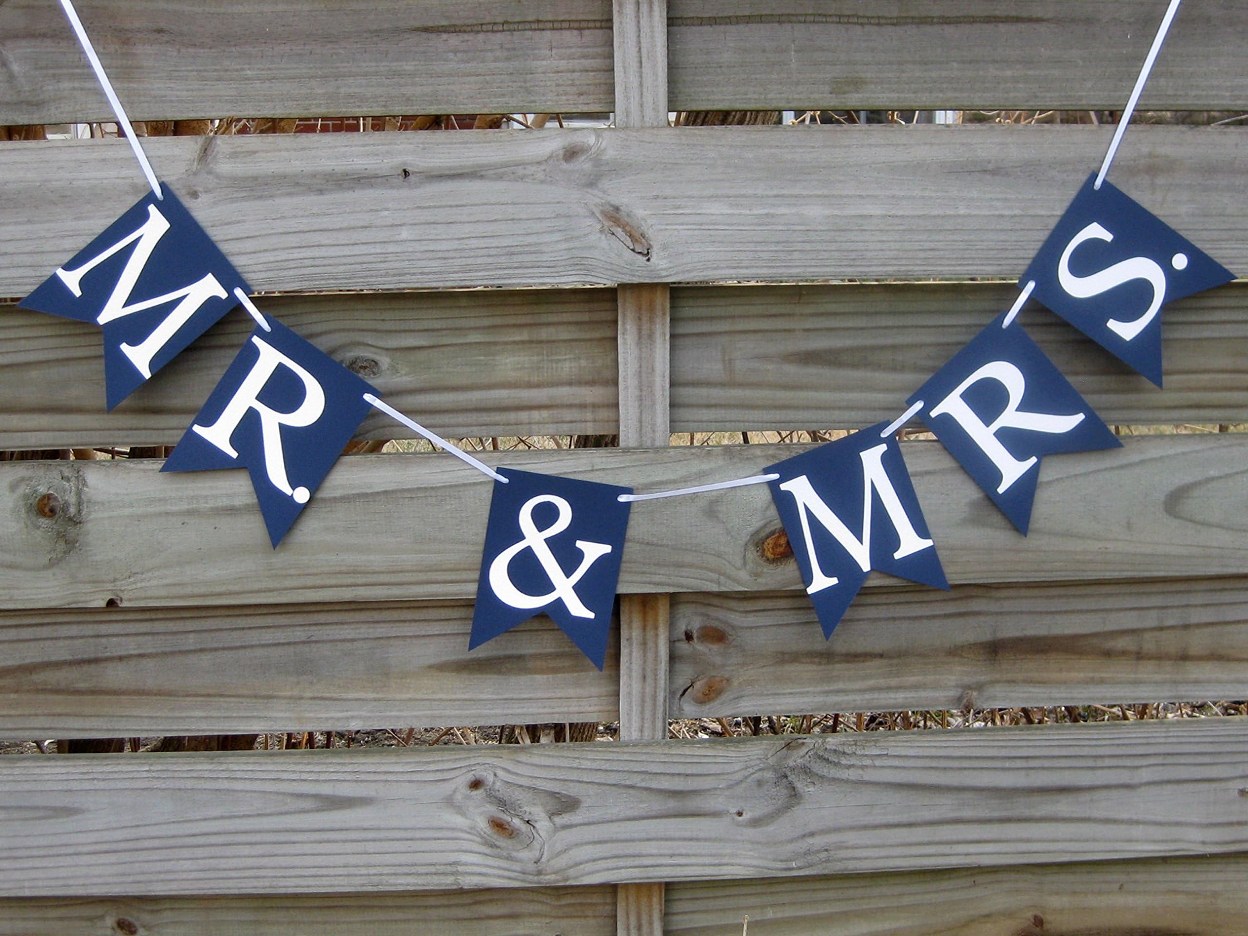 Mr. & Mrs. banner in Navy Blue and White - Wedding Decoration and Photo Prop