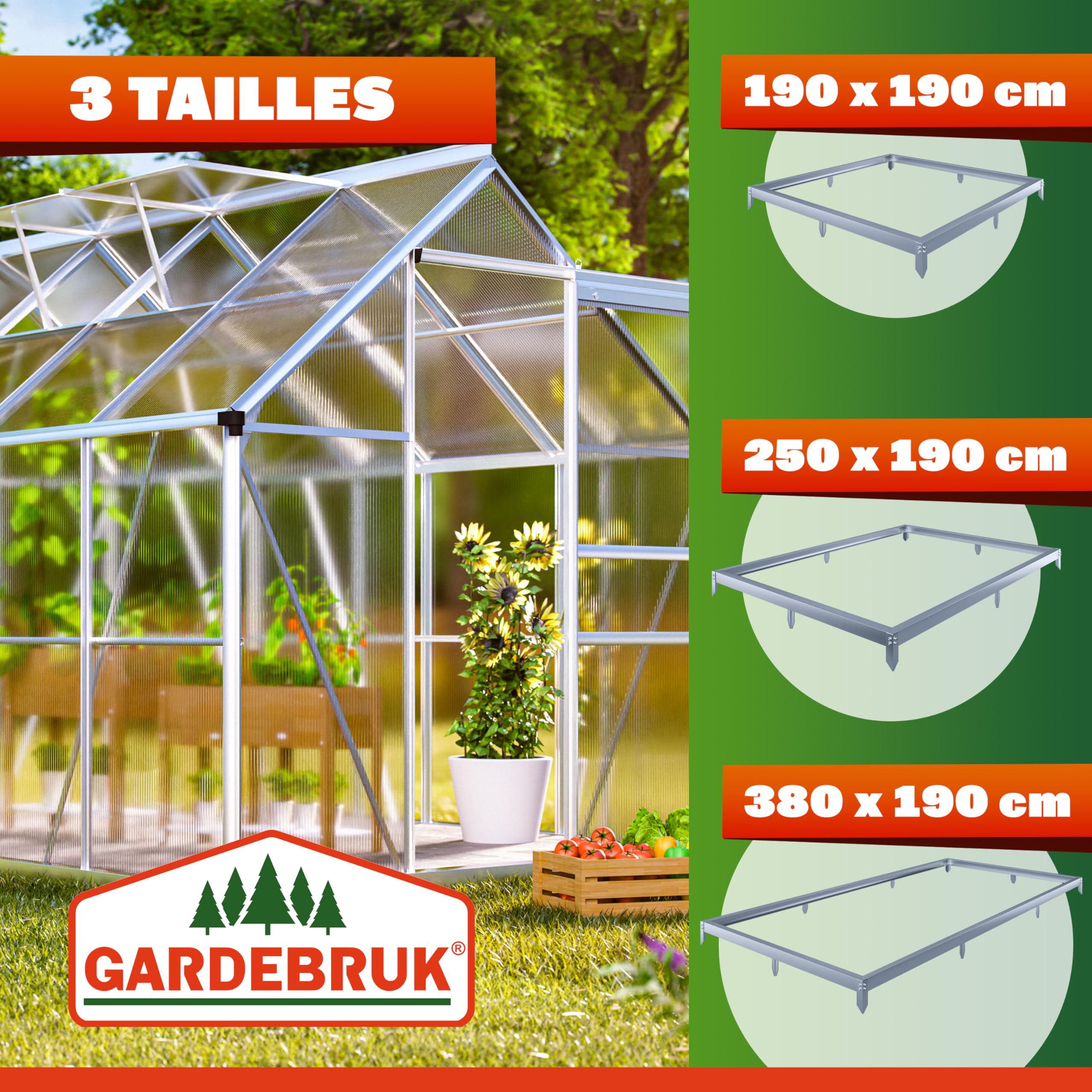 Gardebruk® Fondation Serre de Jardin 250x190cm Acier Inoxydable Cadre Acier matériel Montage Fixation Sol embase Serre Aluminium Polycarbonate