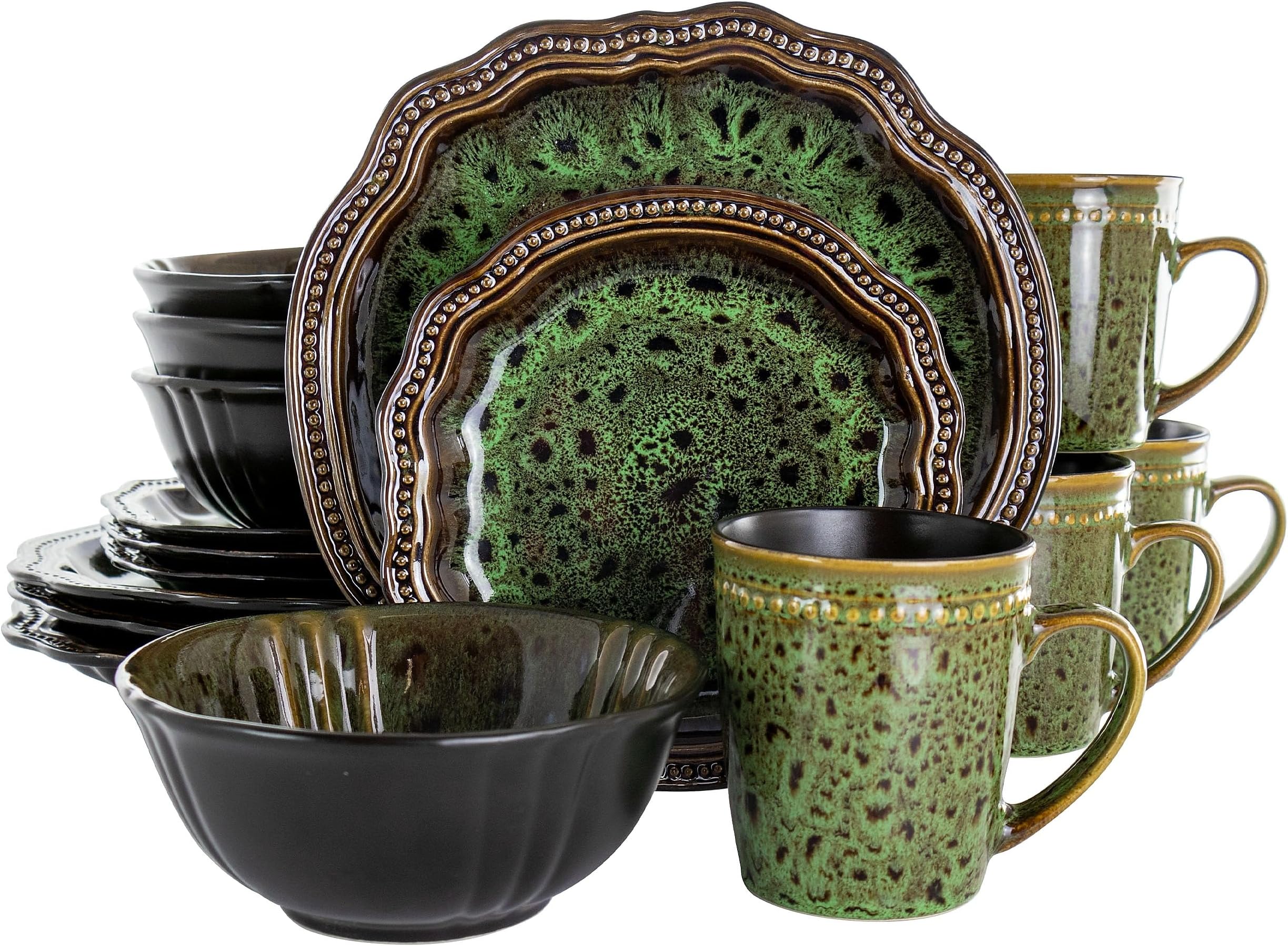 Stoneware Round Oval Dinnerware Dish Set, Jade Green