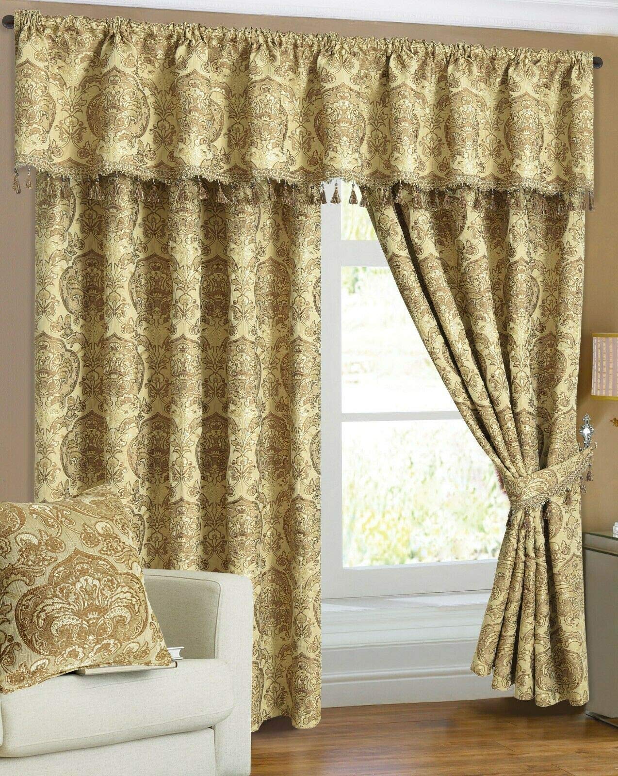 Householdfurnishing Curtain Pair Tieback Heavy Jacquard Pencil Pleat Pelmet (Gold, W 66 x L 72) — image 1