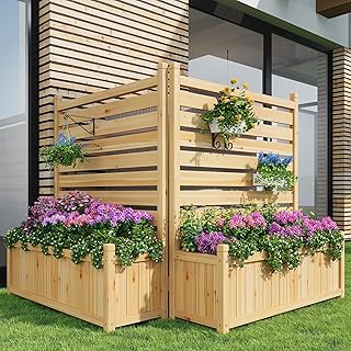 2-Panel Outdoor Privacy Screen with Planter Box, 33"X40" Wooden Fence Cover for Patio & Garden, Perfect for Hiding AC Units, Trash Cans, Pool Pumps & Equipment, Natural Decorative Backyard Divider