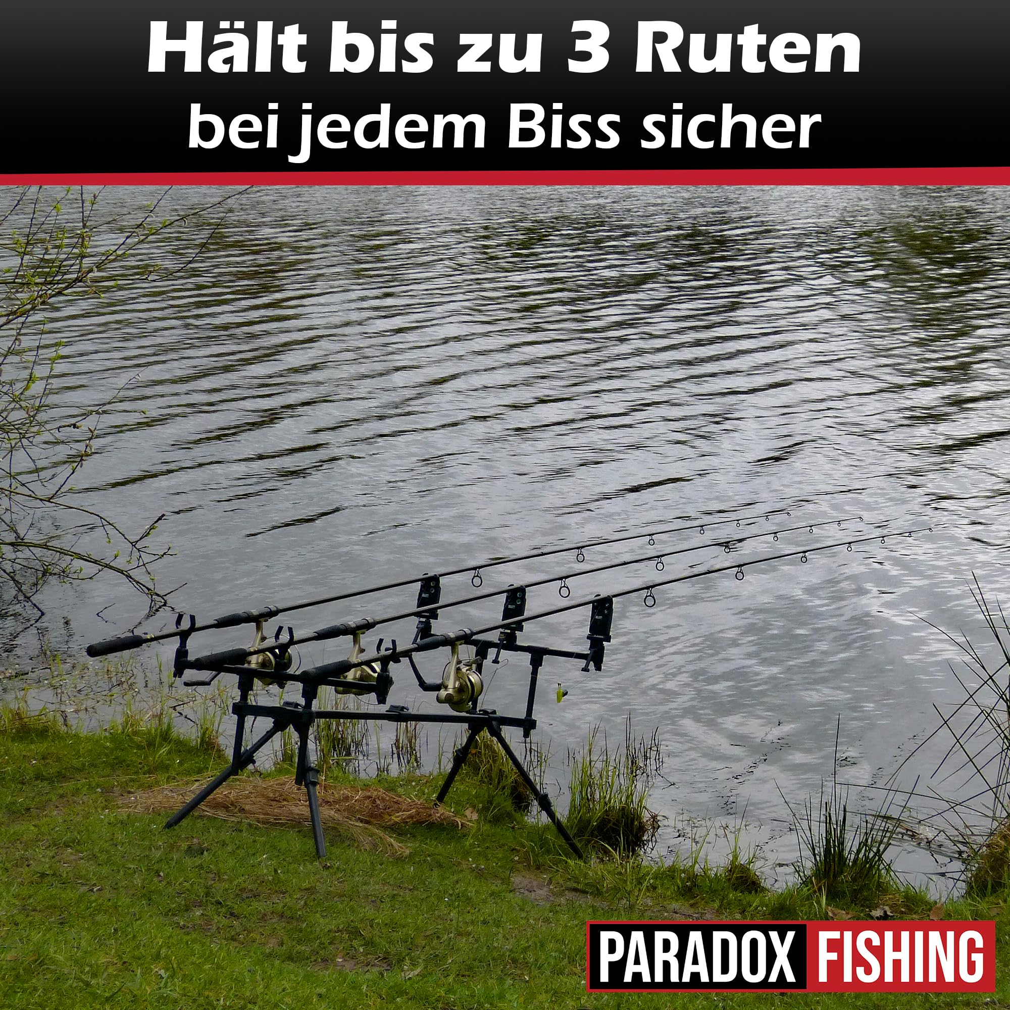 Paradox Fishing Rod Pod für 3 Ruten | Aluminium Rutenhalter verstellbar & rostfrei | Stabiler Karpfen-Rutenständer mit Wasserwaage | Inkl. Transporttasche | Angelablage für Ansitz- & Karpfenangeln