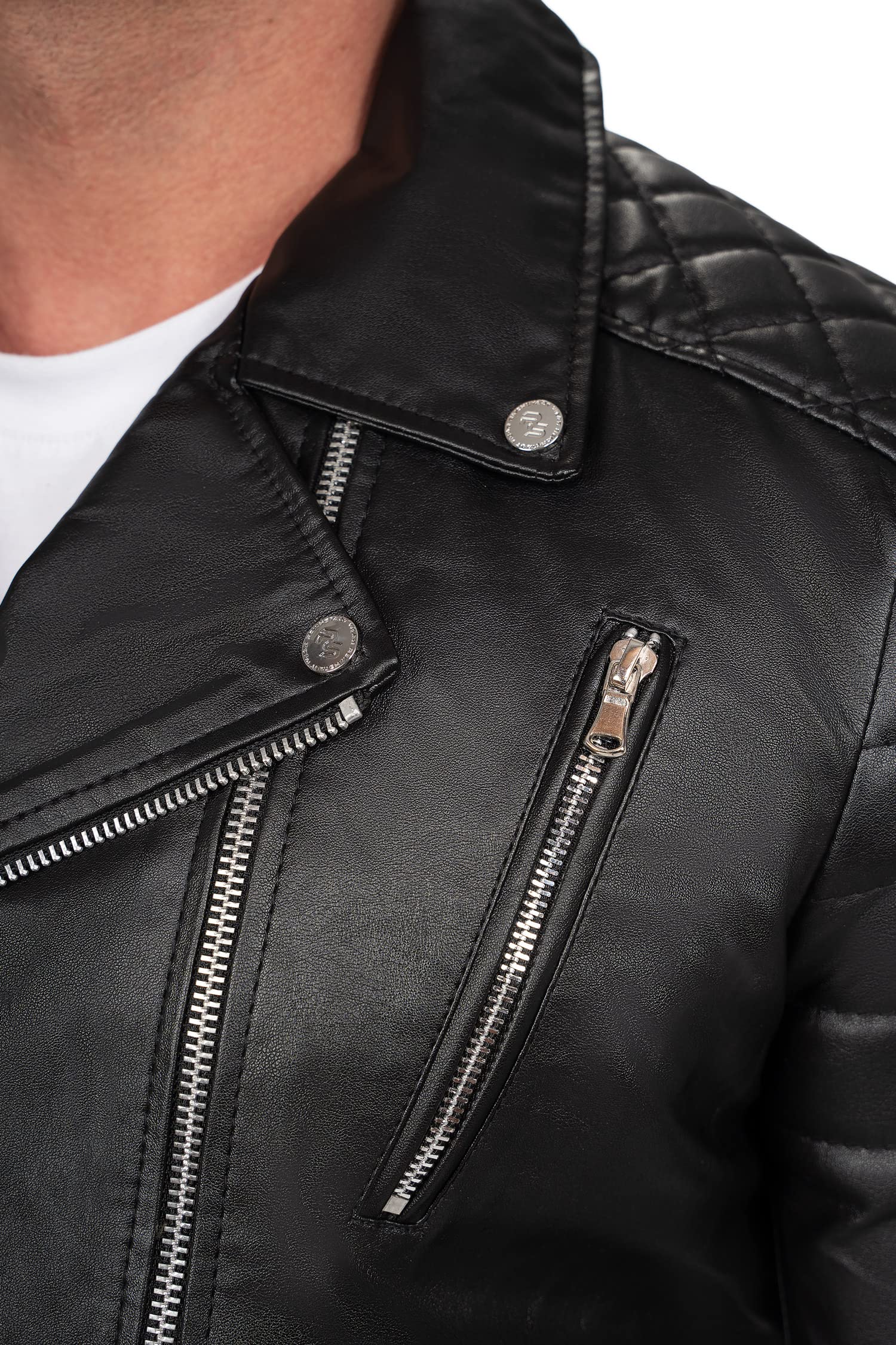 Reichstadt Chaqueta Hombre Cuero Sintético Biker Bomber Cuello Alto | Detalles con cremalleras, bolsillos laterales, forro interior, estilo urbano, entretiempo, paseo, ocio y uso diario